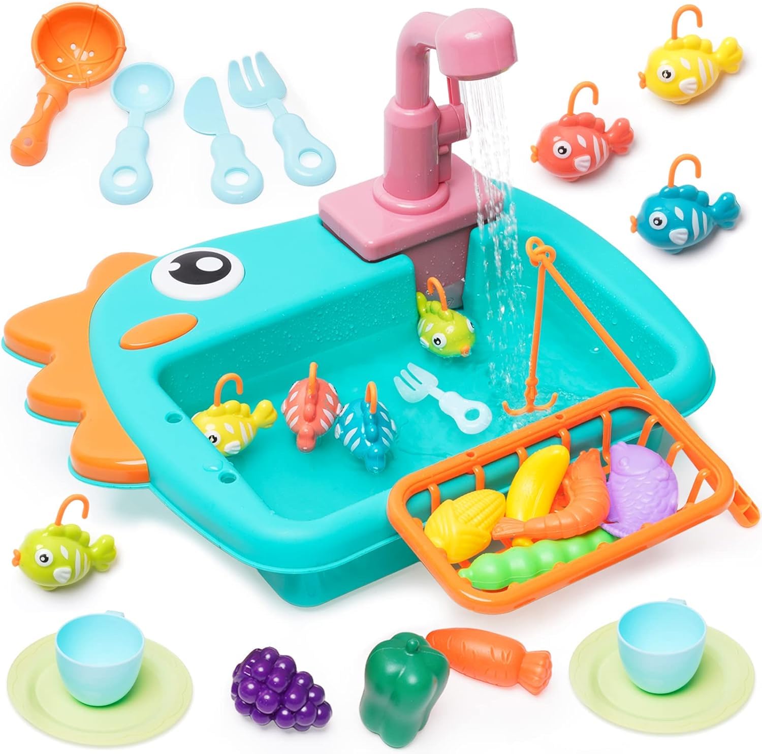 Spindoo Dino Kitchen Sink Toy with Running Water & Fishing Game | 2-in-1 Pretend Play Kitchen Set Accessories for Kids Age 3+ | Electric Water Circulation & Interactive Learning Toy (Random Color)