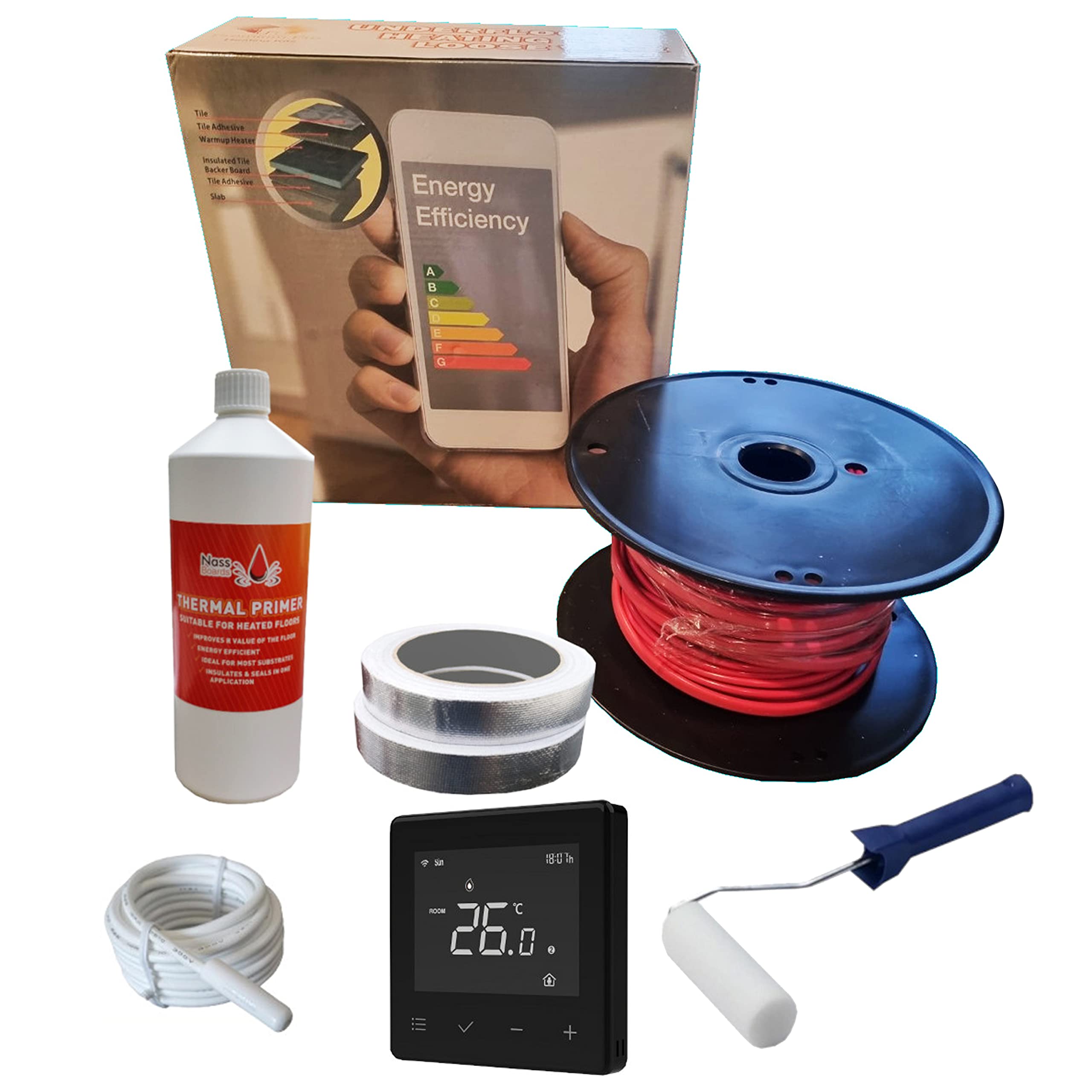 Nassboards Pro Elite Loose Cable Electric Underfloor Heating System 150w - Touch Screen, Wifi, Smart Thermostat with Installation Kit & Instructions for Carpet, Tiles, Laminate, Wood, Concrete