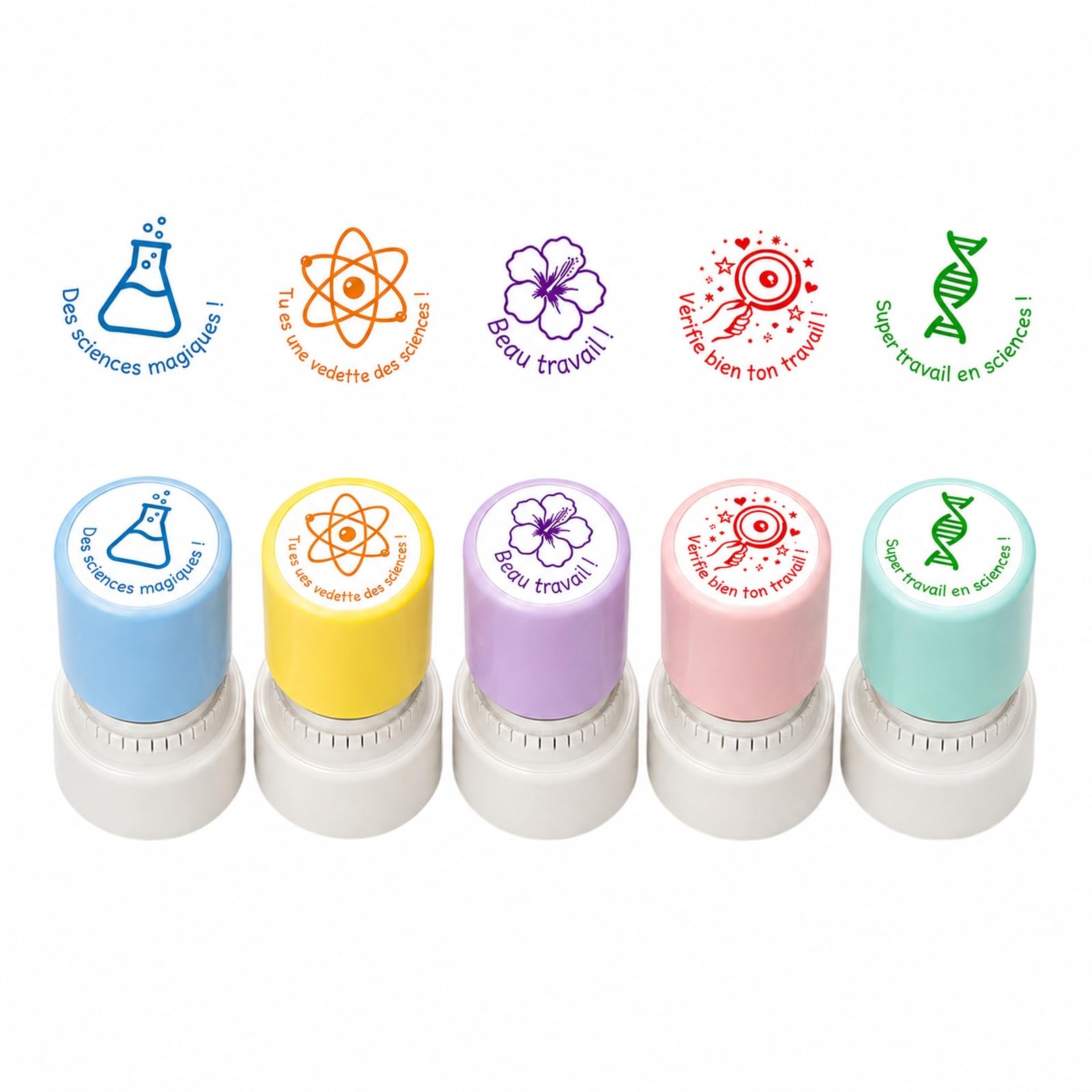 Sukizifa 5 Pcs French Teacher Stamps, Science Themed Stamps with French Words, Morandi Color Series, Suitable for Classroom Use