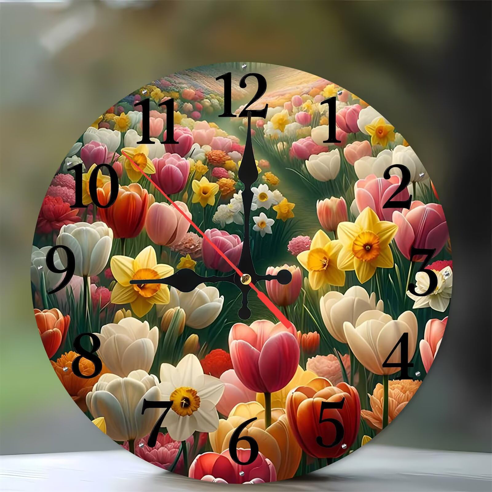 Horloge murale haut de gamme en bois motif tulipes moderne