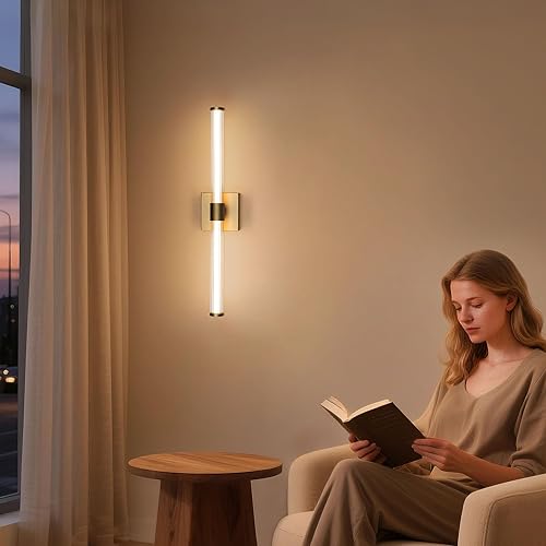 Miniatura 3 de Tubicen Lámpara de tocador dorada moderna de 360 de haz completo de 25 pulgadas, luz de pared lineal sobre espejo de 12 W, regulable, accesorios de