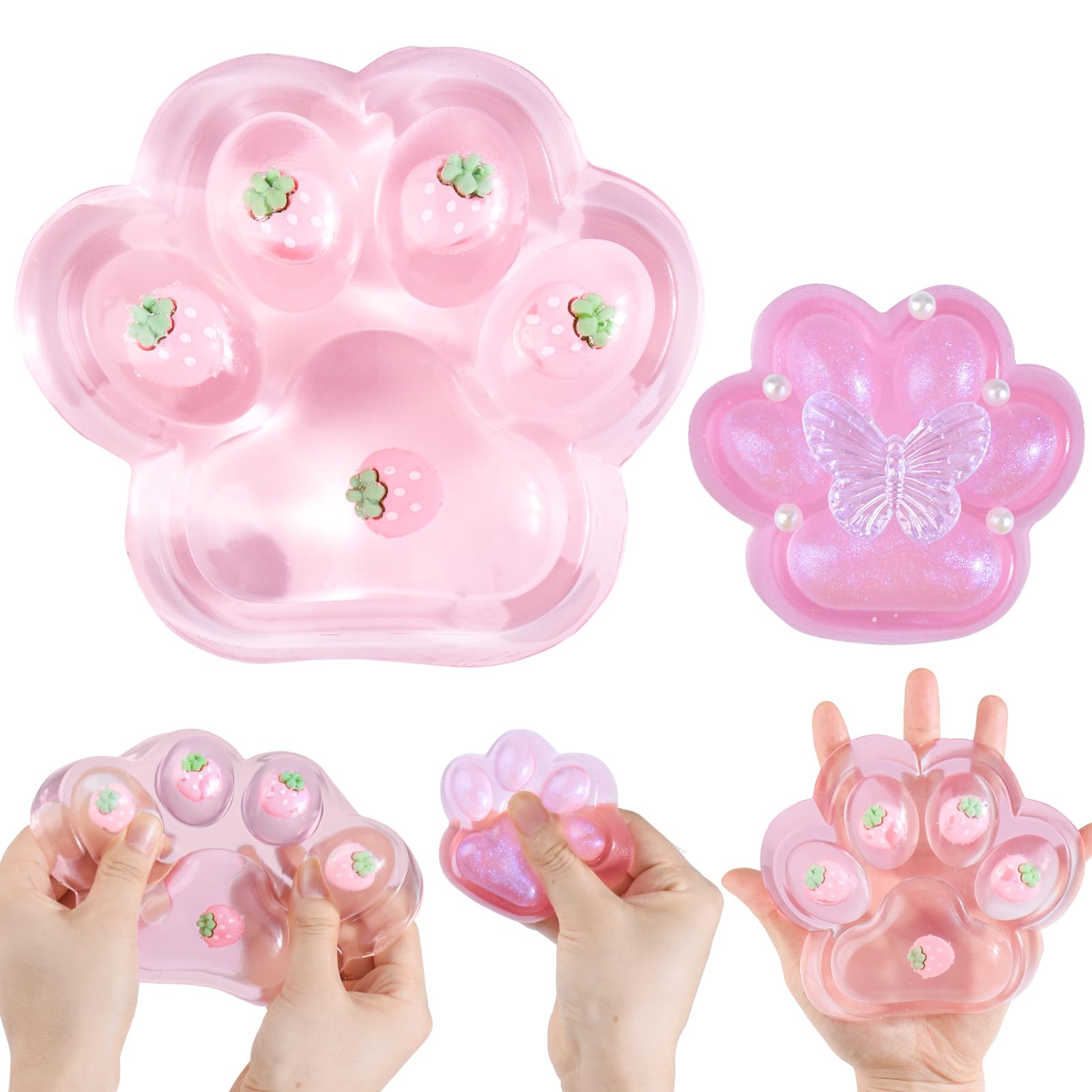 2pcs Taba Squishy Paw,5.3 Inch Taba Squishy Big Cat Strawberry Pink Cute Soft Squeeze Toys for Anxiety Stress Relief,3.2 Inch Cat Paw Squishy Toys Fidget Squishies for Adults Kids Teens Party Favors