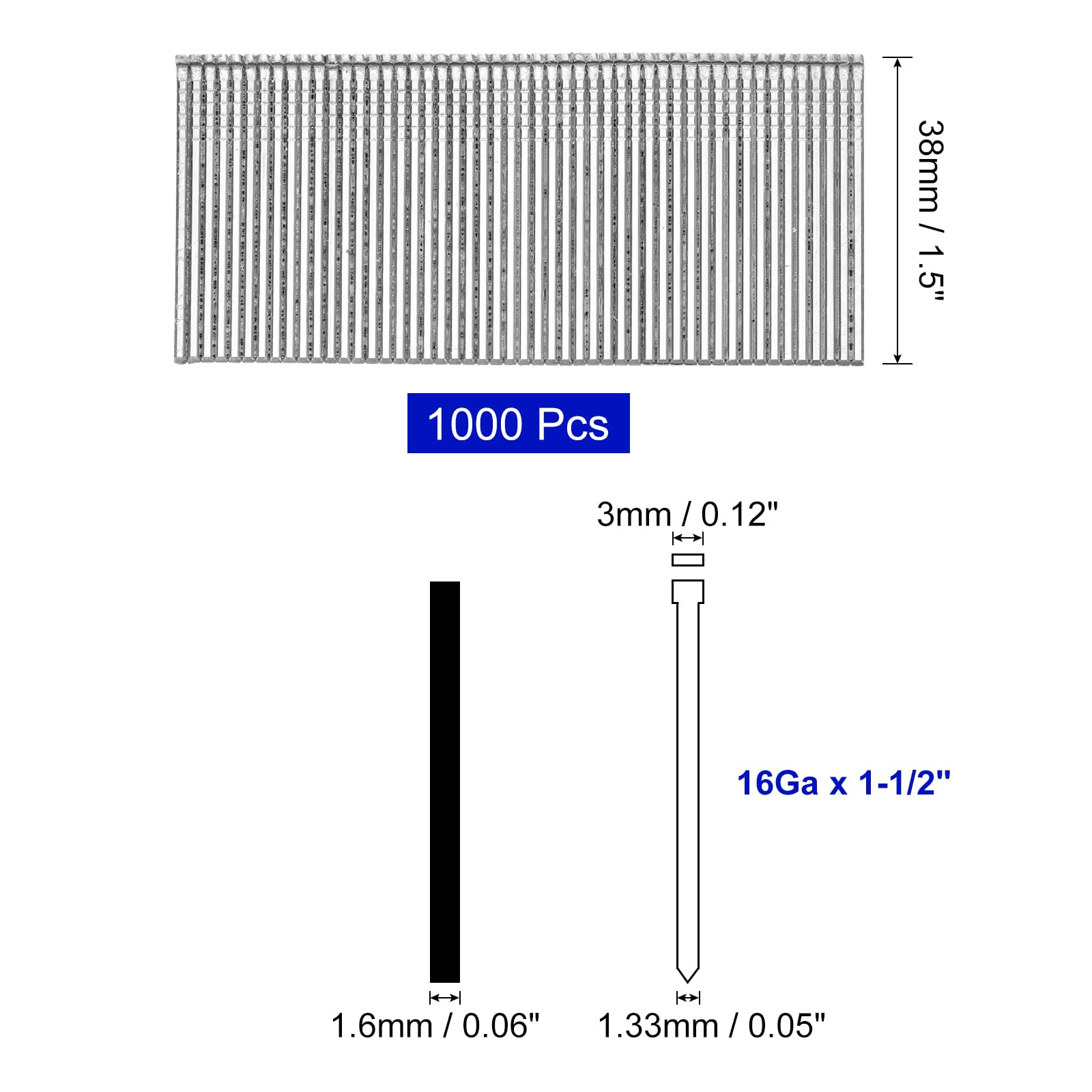 uxcell 1000 clavos de calibre 16, clavos de acabado recto de 1-1/2 pulgadas de longitud, clavos de acero inoxidable 304 galvanizado para construcción de carpintería, color plateado