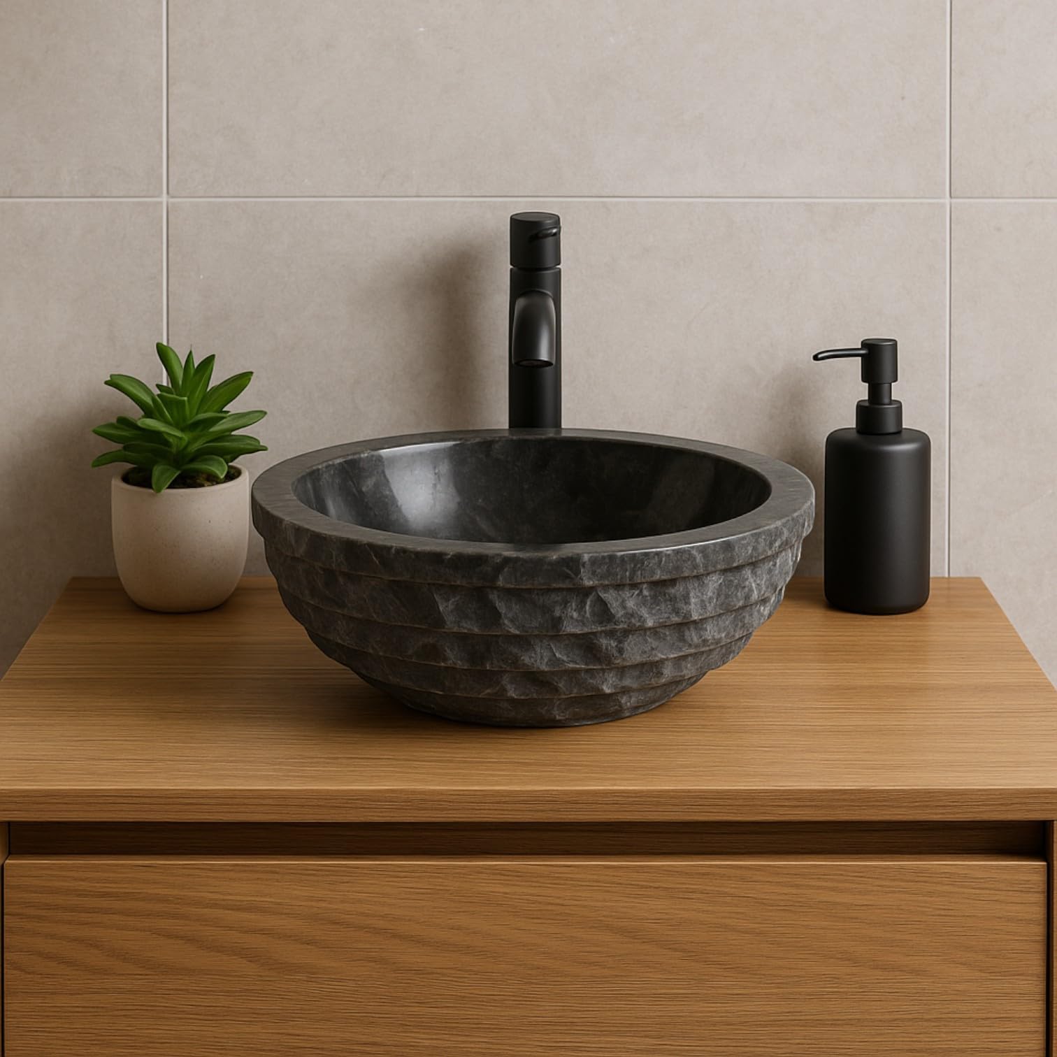 Lendo Online Washbasin round 40x40x15 cm Marble - natural stone - sink for bathroom - sink - wash bowl - unique shape and color! Polished and Robust (Black)