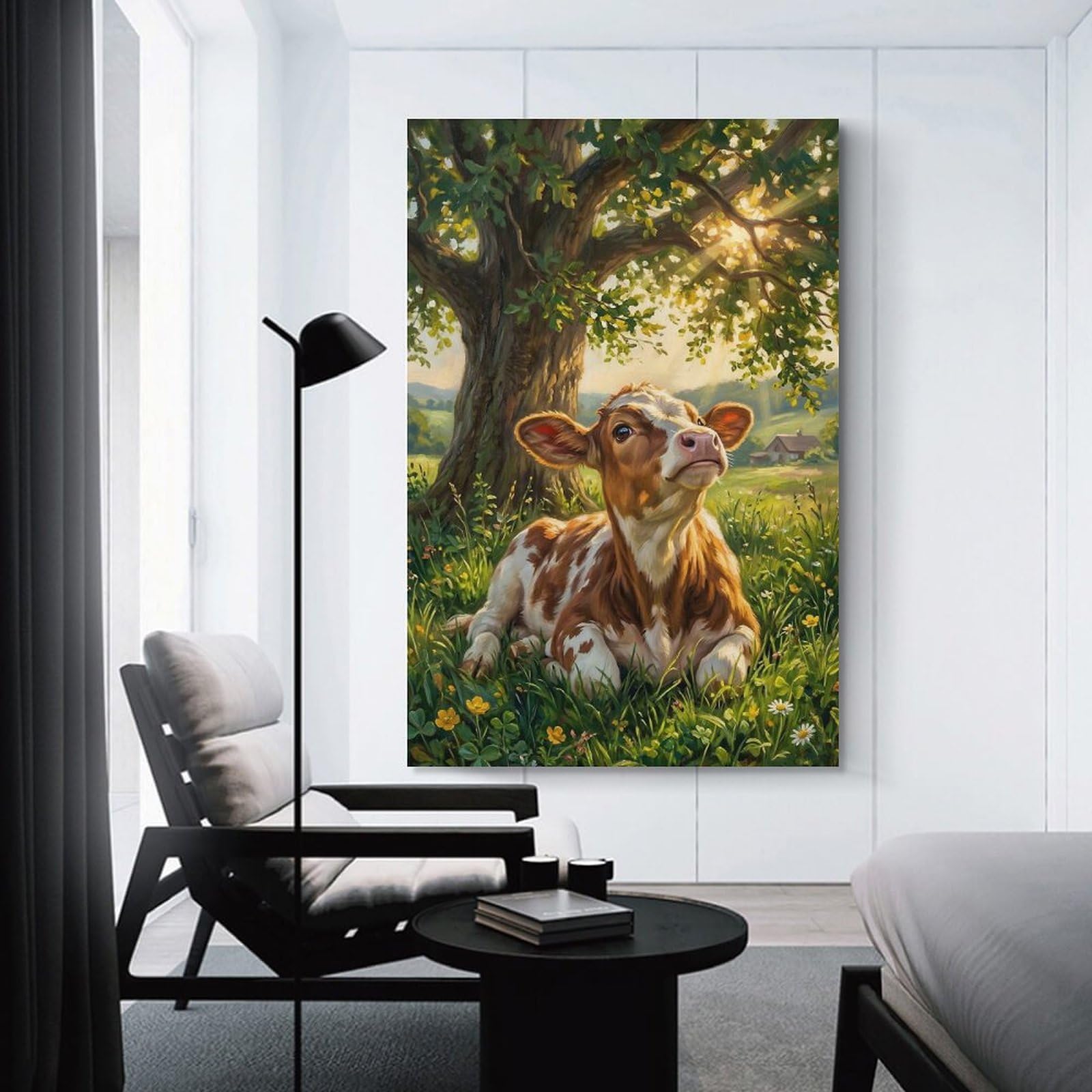 Junmoney Cute Calf in A Sunny Meadow Wall Art Print, 24x36inch(60x90cm), for Living Spaces, Bedrooms Or Relaxed Rooms, Decorative Artwork for Empty Walls