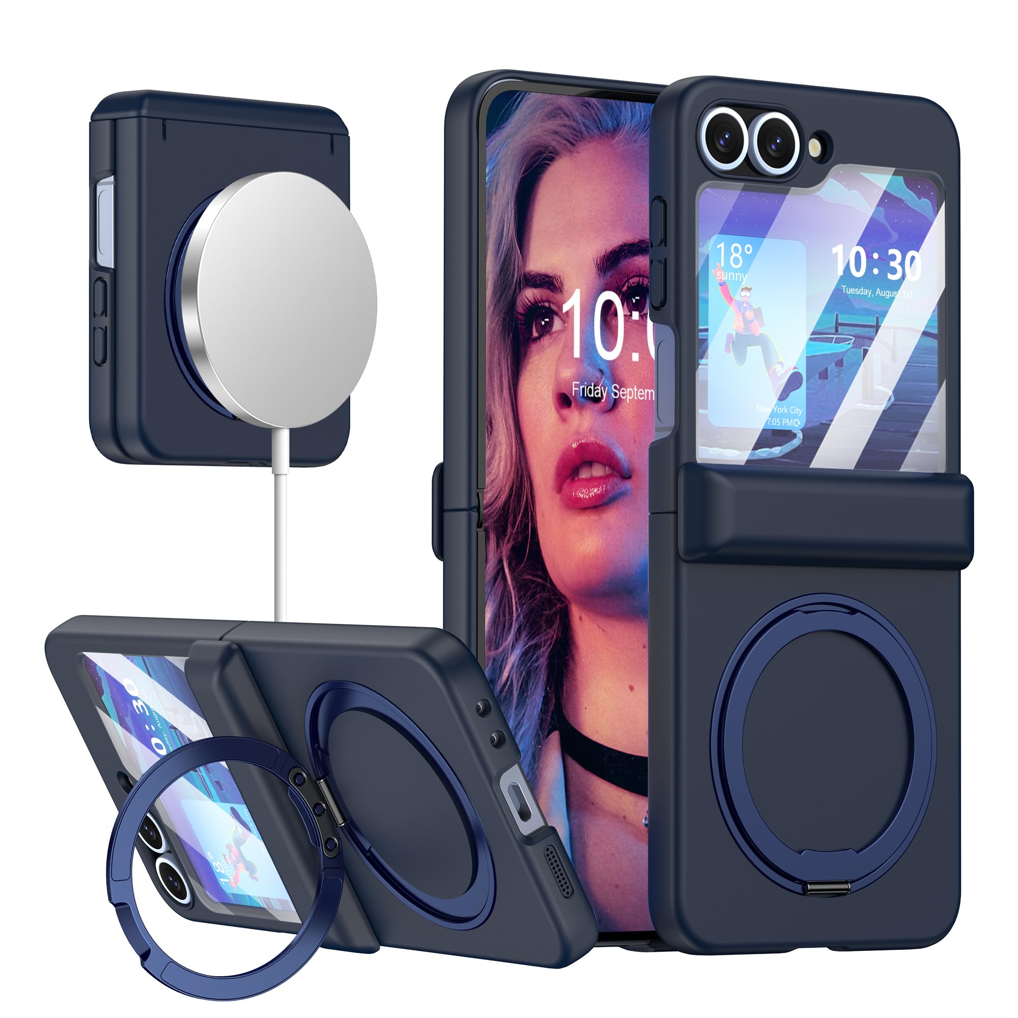 Designed for Galaxy Z Flip 6/5 Case Magnetic with Hinge Protection& Screen Protector & Kickstand [Compatible with MagSafe],Slim Protective Phone Case