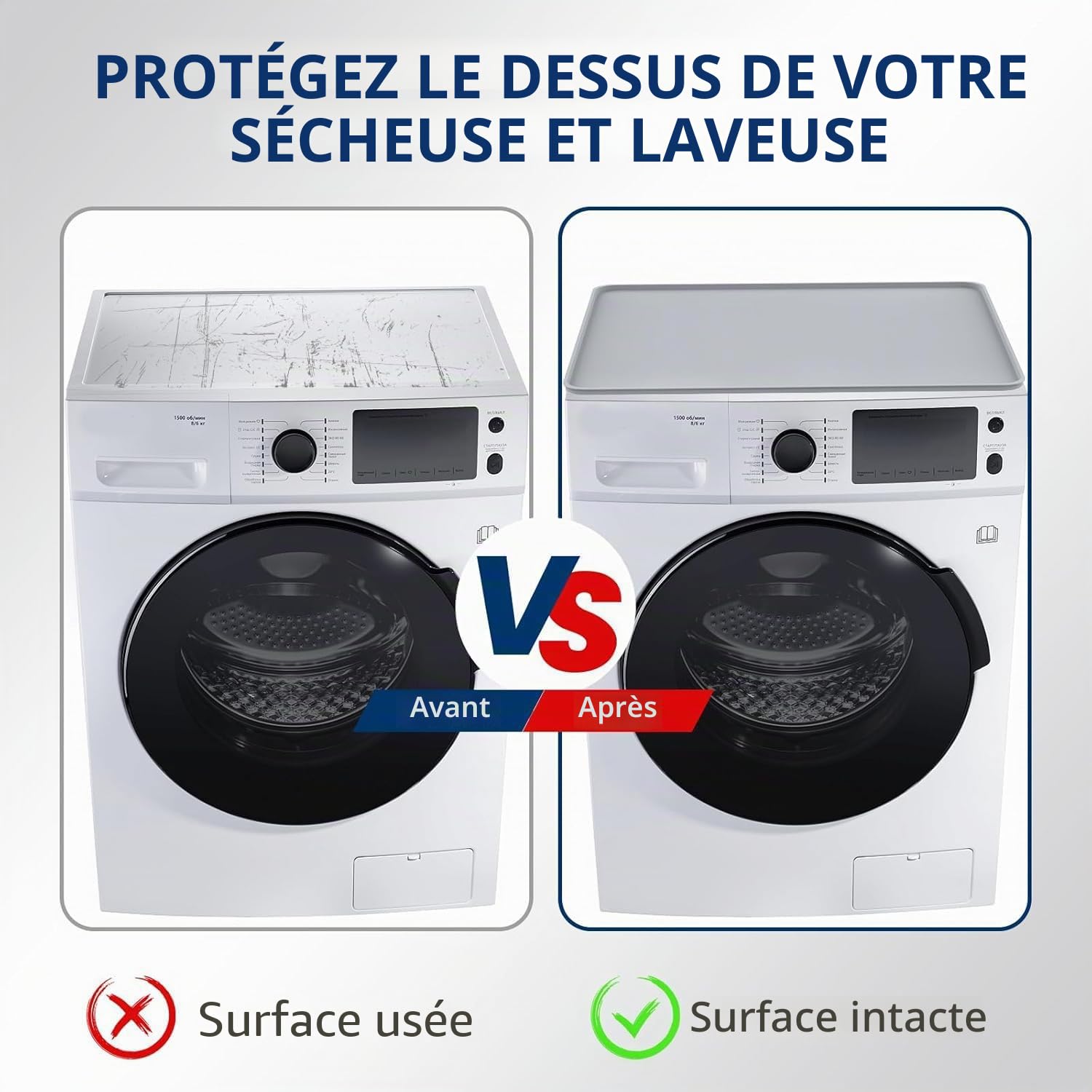 60x60 Housse de machine à laver, tapis antidérapant en silicone pour machine à laver et sèche-linge, coussin de machine à laver pour buanderie, plan de travail de cuisine（Gris）