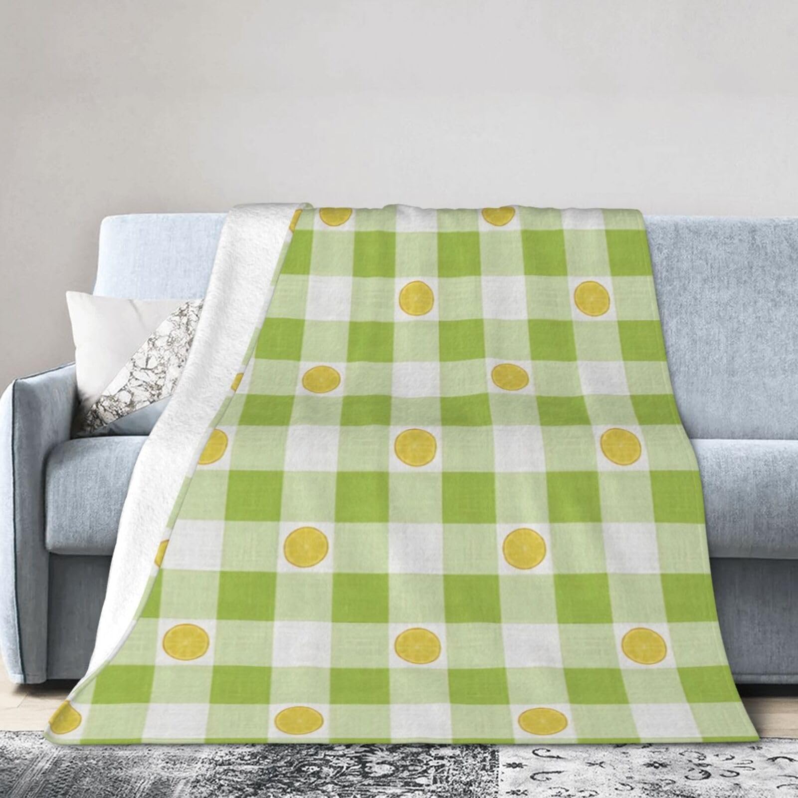 ERTDFXCV Lemon Slices on Lime Green & White Gingham Plaid Blanket 80"x60"