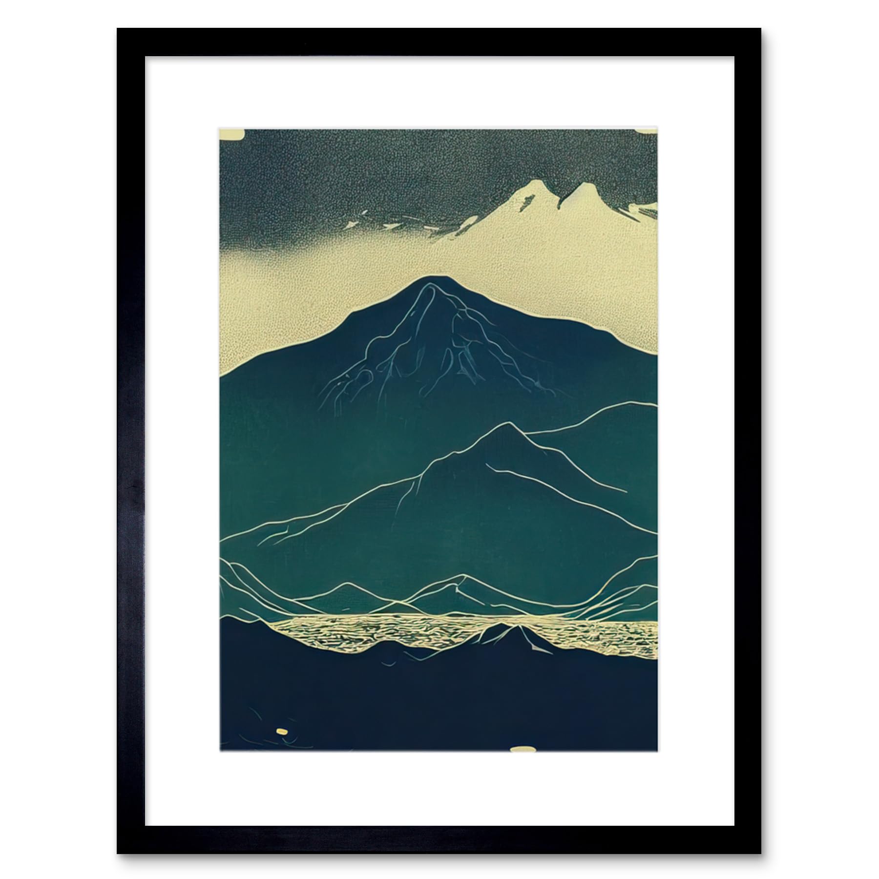 Artery8 Framed Black 9X7 Scottish Highlands Lake Mountains Blue Linocut Artwork Framed Wall Art Print 9X7 Inch