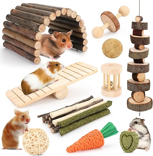 Hamster Cage Accessories, 12 Different Chew Toys for Guinea Pig, Chinchillas, Gerbils, Mice, Rats, Mouse, Rabbit, Bunny Hideout Seesaw, Natural Molar Tools