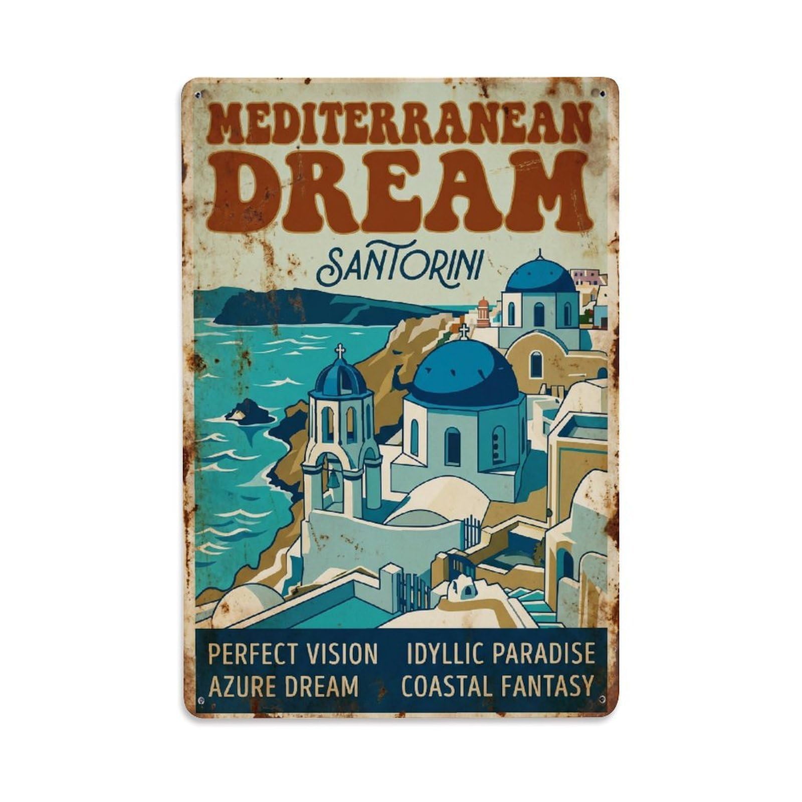 Gead 8X12inch Style Vintage Travel Santorini Mediterranean Dream Metal Tin Sign