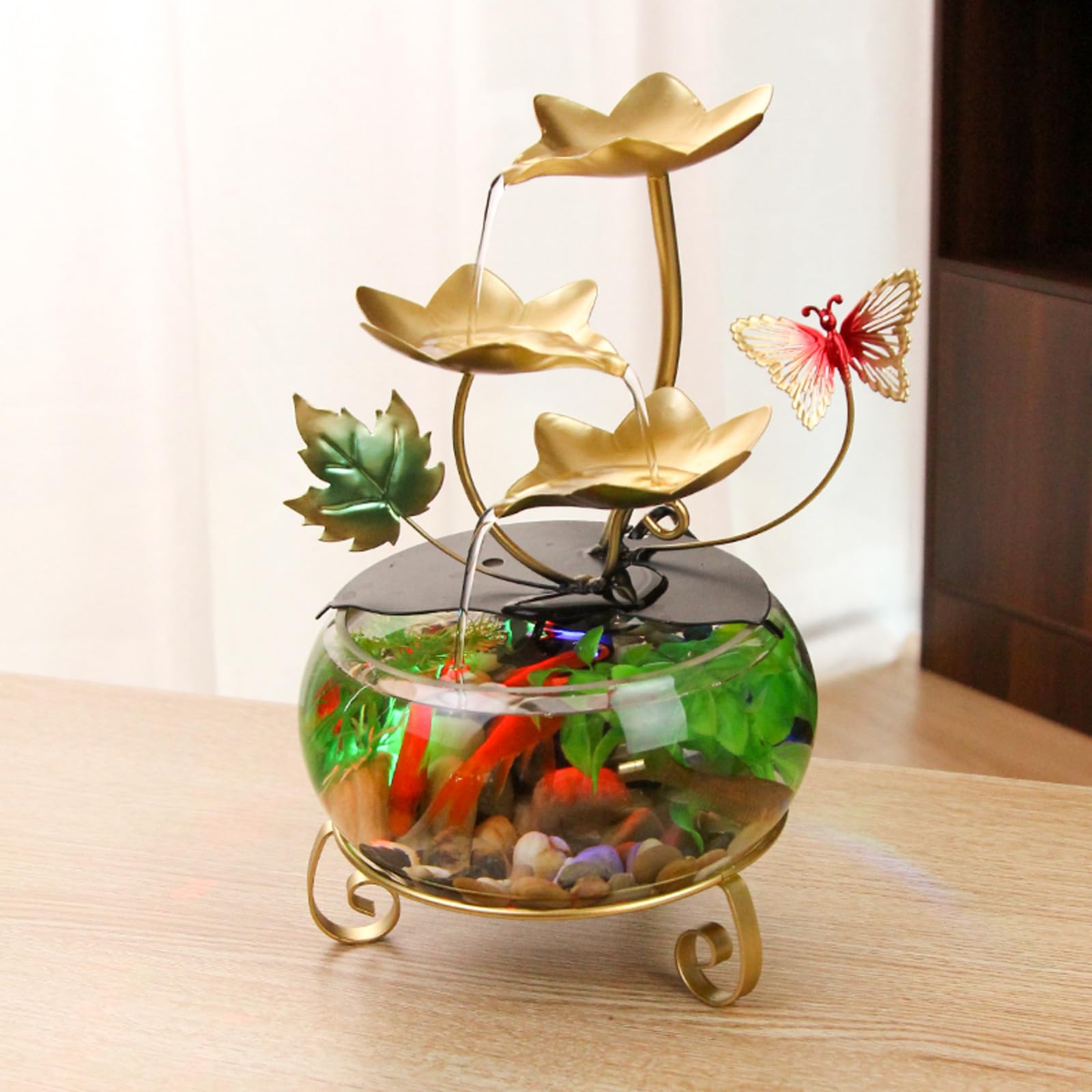 Fontana d'acqua da tavolo con foglie di loto dorate, con luci a LED, acquario e decorazione a farfalla, fontana zen decorativa per interni per casa o ufficio