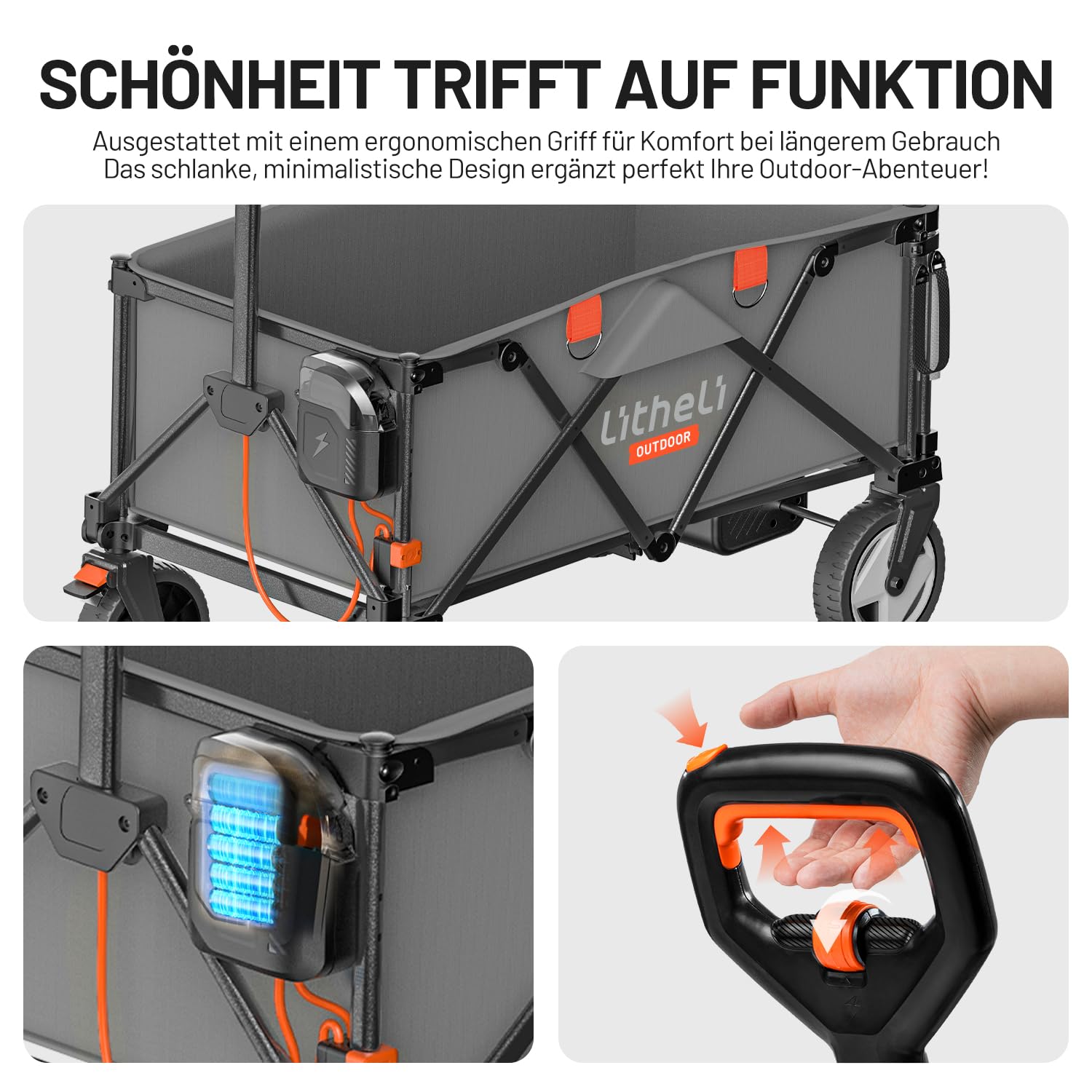 LiTHELi Carrello Elettrico Pieghevole, Carrello a Mano Pieghevole con Motore e Freni, 200L 60KG Adatto per Campeggio, Giardino, Spiaggia, Shopping (Grigio, V140i con 2 Batterie)