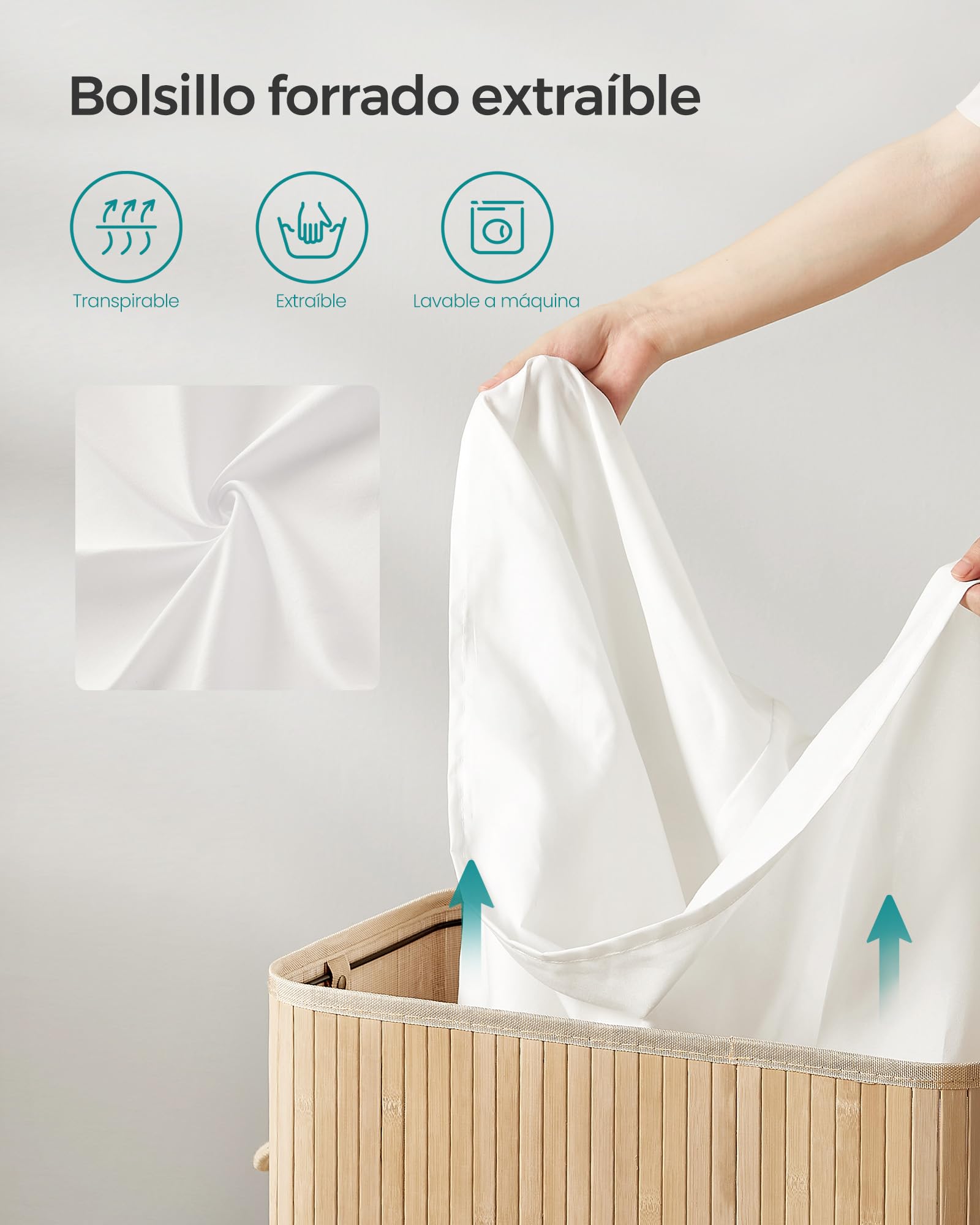 SONGMICS Cesto de lavandería con tapa, 100 L, de bambú, extraíble, lavable a máquina, con asas, para lavandería, dormitorio, baño, color natural LCB063N01