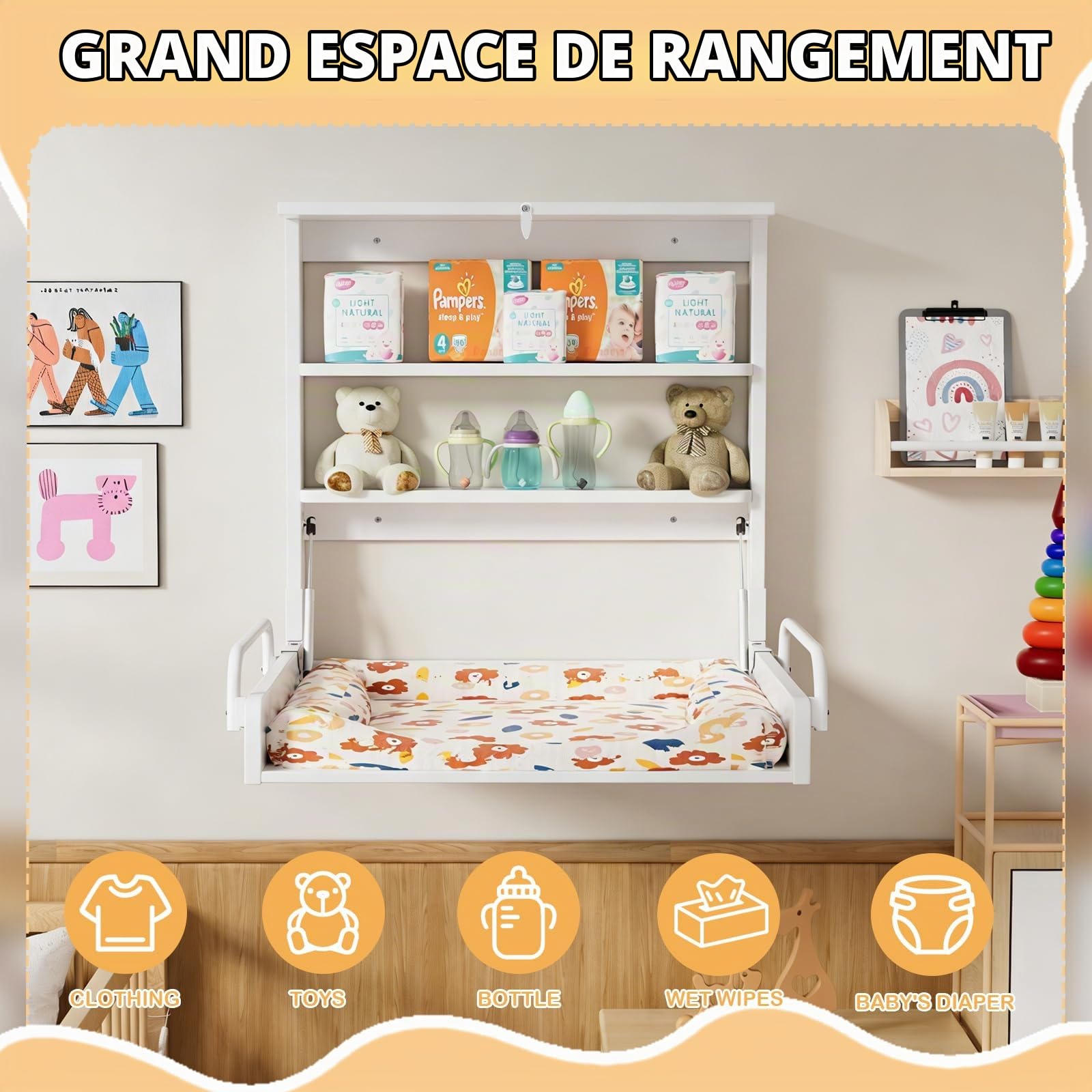 MSFE Table a Langer Bebe Table à Langer Murale Pliable en Bois, Commode a Langer Poupée - Ultra Compacte avec 2 Étagères Pratiques - Peu Encombrante - Supporte Jusqu'à 15 kg, Blanc
