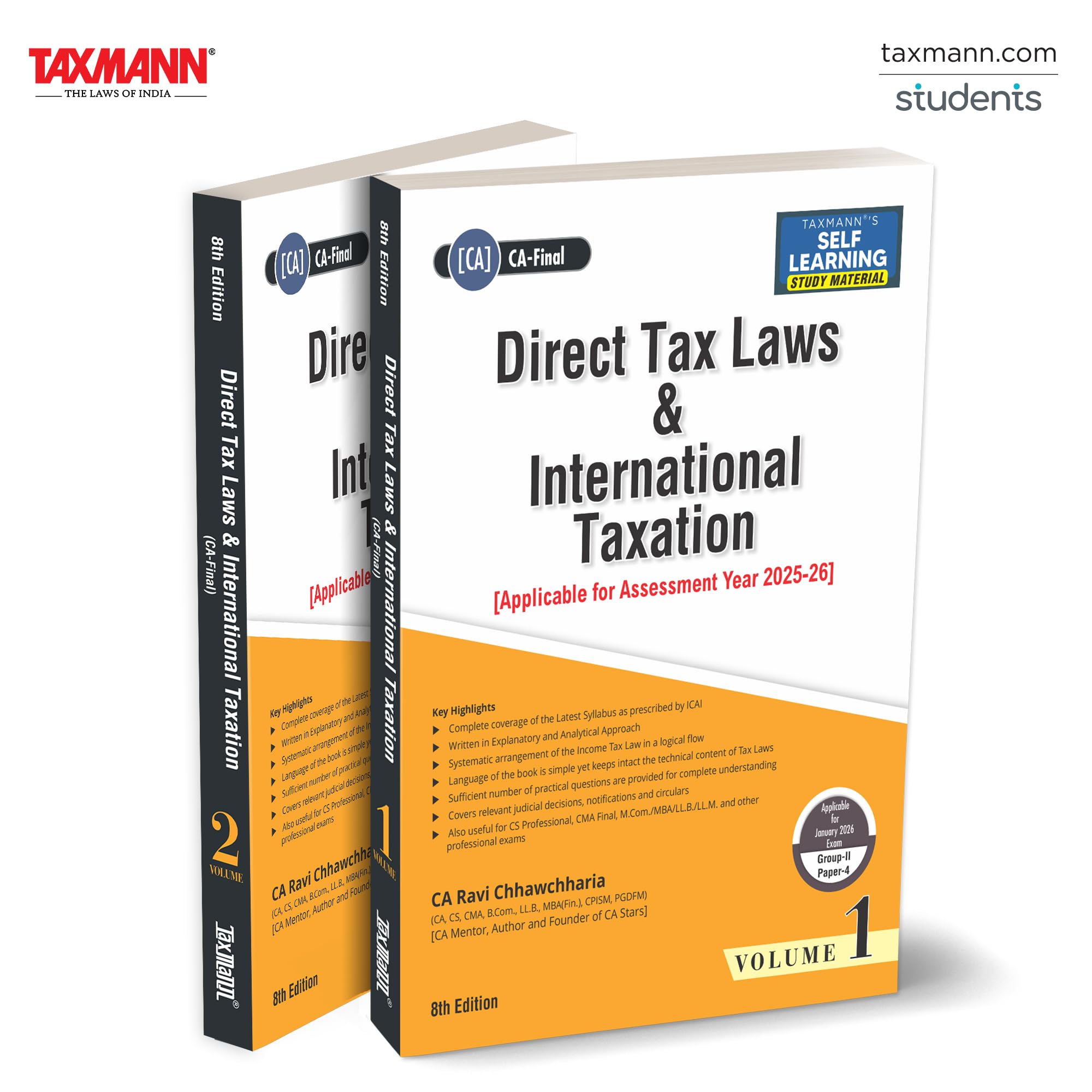 Taxmann's Direct Tax Laws & International Taxation | 2 Vols (Paper 4 | DT | A.Y. 2025-26) – Perfect balance b/w detailed studies & summarised approach | CA Final | New Syllabus | Jan. 2026 Exams