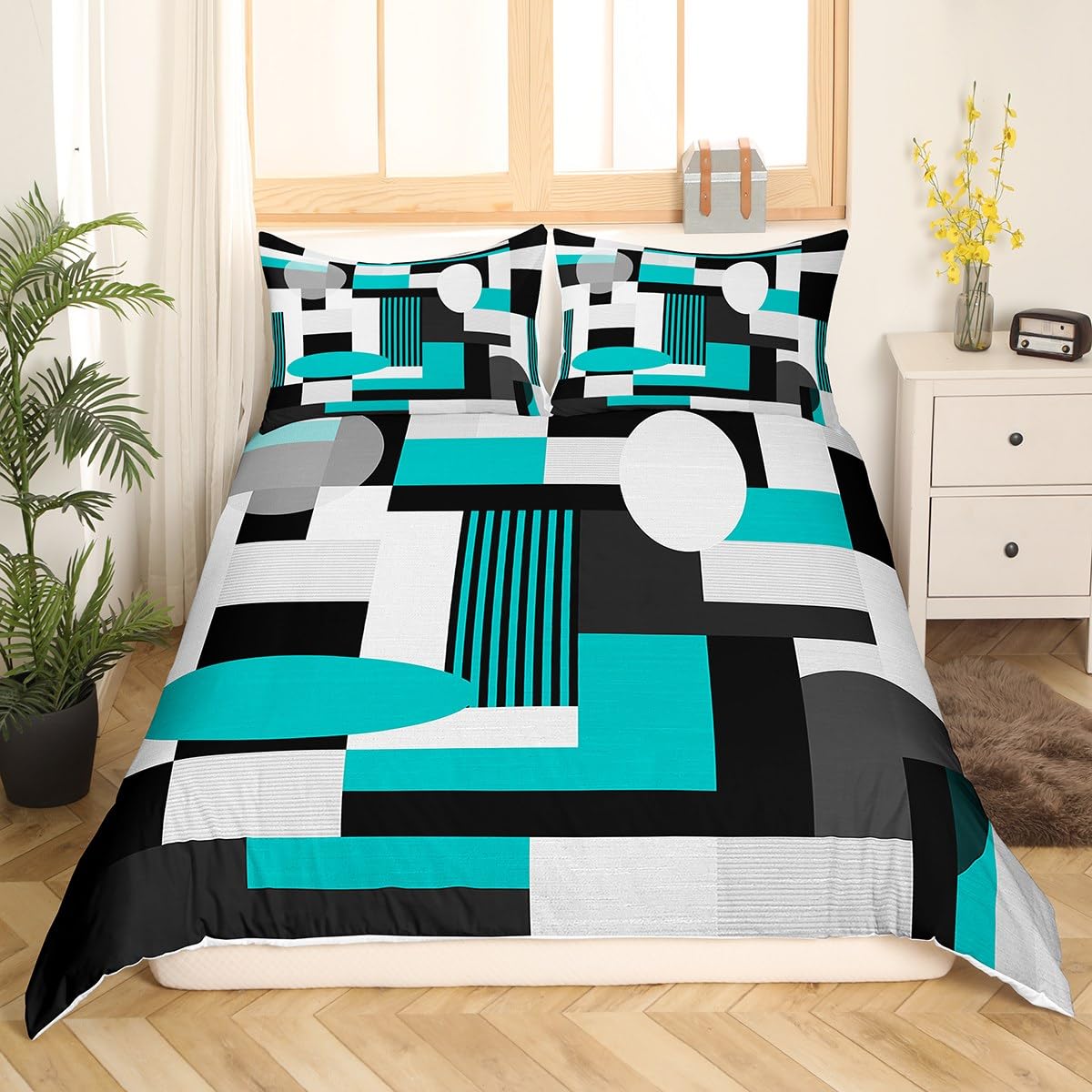 Feelyou Geometric Bedding Set King Size Kids Teal White Black Comforter Cover Set for Boys Girls Geometry Rectangle Square Duvet Cover Modern Abstract Art Bedspread Cover Room Decor Quilt Cover