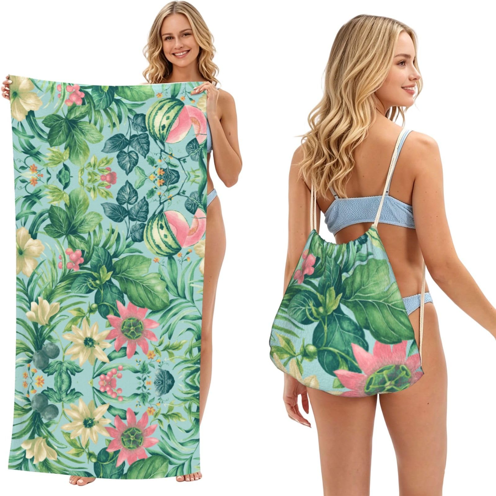ESNAIUVCD Tropical Flowers And Fruits Print Beach Towel For Adults,Towel With Drawstring Bag, Travel Pool Swimming Sports Shower Sand Free Quick Dry Bath Towel For Pool, Beach, Yoga- 180x60cm