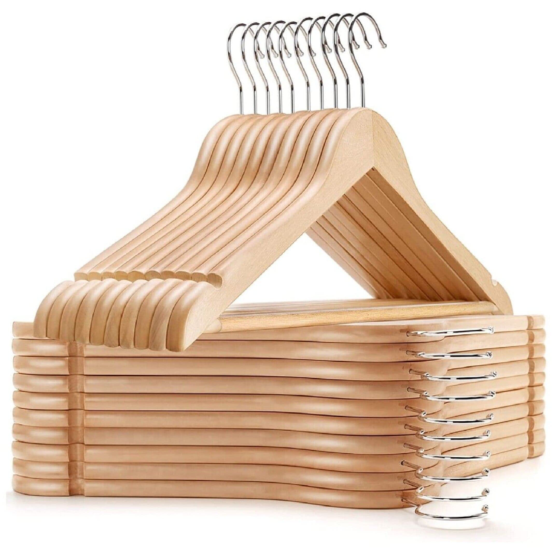 5 X Children’s Wooden Coat Hangers, For Baby & Toddler Clothes Strong Natural Wood Wooden Coat Hangers with 360 Degree Rotatory Hook & Round Trouser Bar & Shoulder Notches - Pack of 5pcs