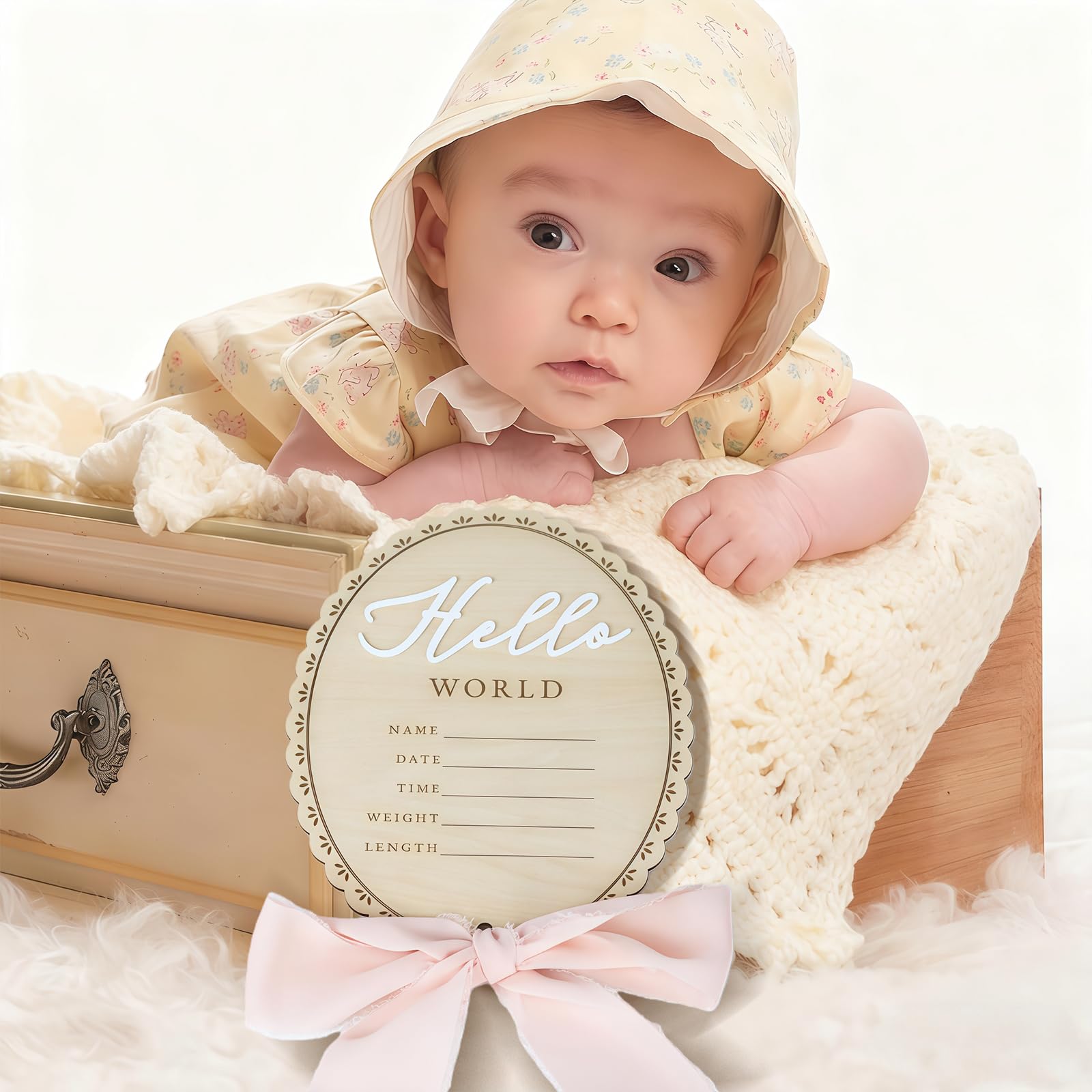 Drewniany znak "Hello World", znak powitalny dla noworodka, plakietki z imieniem urodzenia, do rekwizytów fotograficznych, pod prysznic, do szpitala, przedszkola (cięcie kokardki)