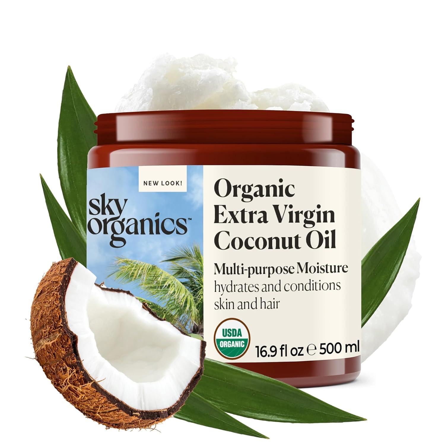 Sky Organics - Multipurpose Organic Coconut Oil for Skin & Hair, 16.9 fl oz - Extra Virgin Hair Oil & Body Moisturizer - Vitamins, Antioxidants & Fatty Acids - Vegan, Cruelty Free