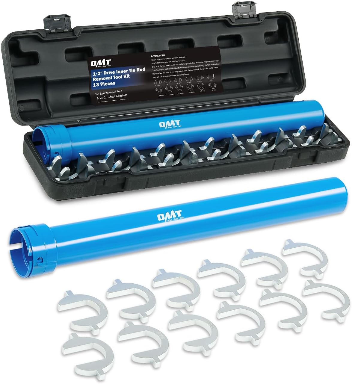Orion Motor Tech Inner Tie Rod Removal Tool Kit, Inner Tie Rod Tool for Tie Rod Removal and Installation, Master Inner Tie Rod Tool Set with 12 Crowfoot Adapters 1/2 Inch Drive Tube Blue