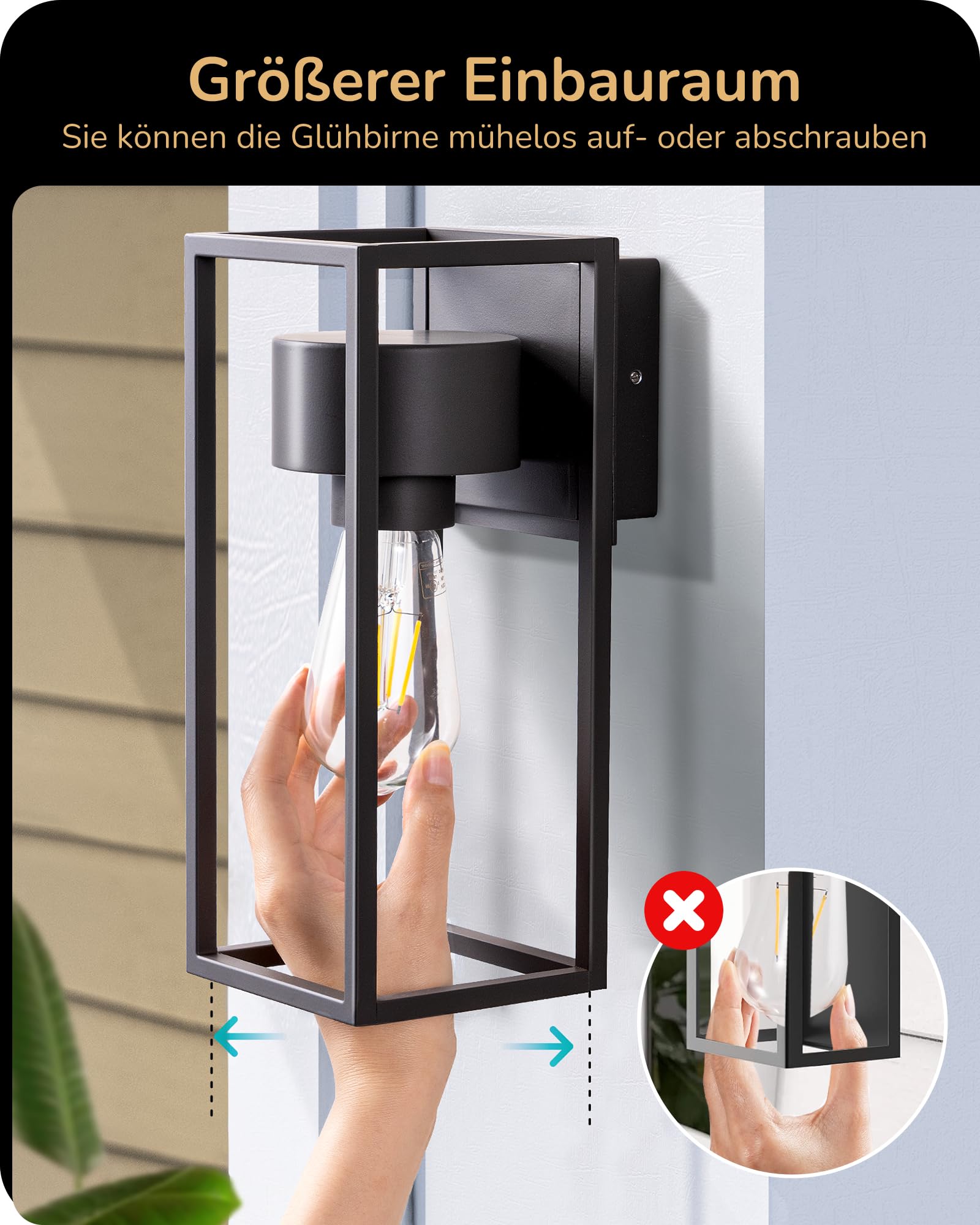 EDISHINE Wandleuchte Innen & Außen, E27, IP44 Wasserdicht, Schwarz, 2er Set