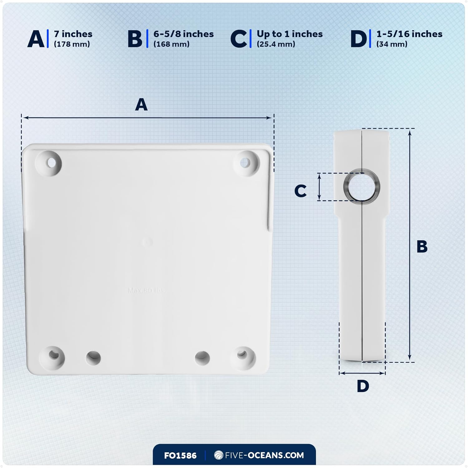 Five Oceans Rail Mount Outboard Motor Bracket, Up to 80 Lb Motors, Fits Rails Up to 1", "White UV-Stabilized Polypropylene, Storage for Dinghy, Tenders and Small Boats - FO1586