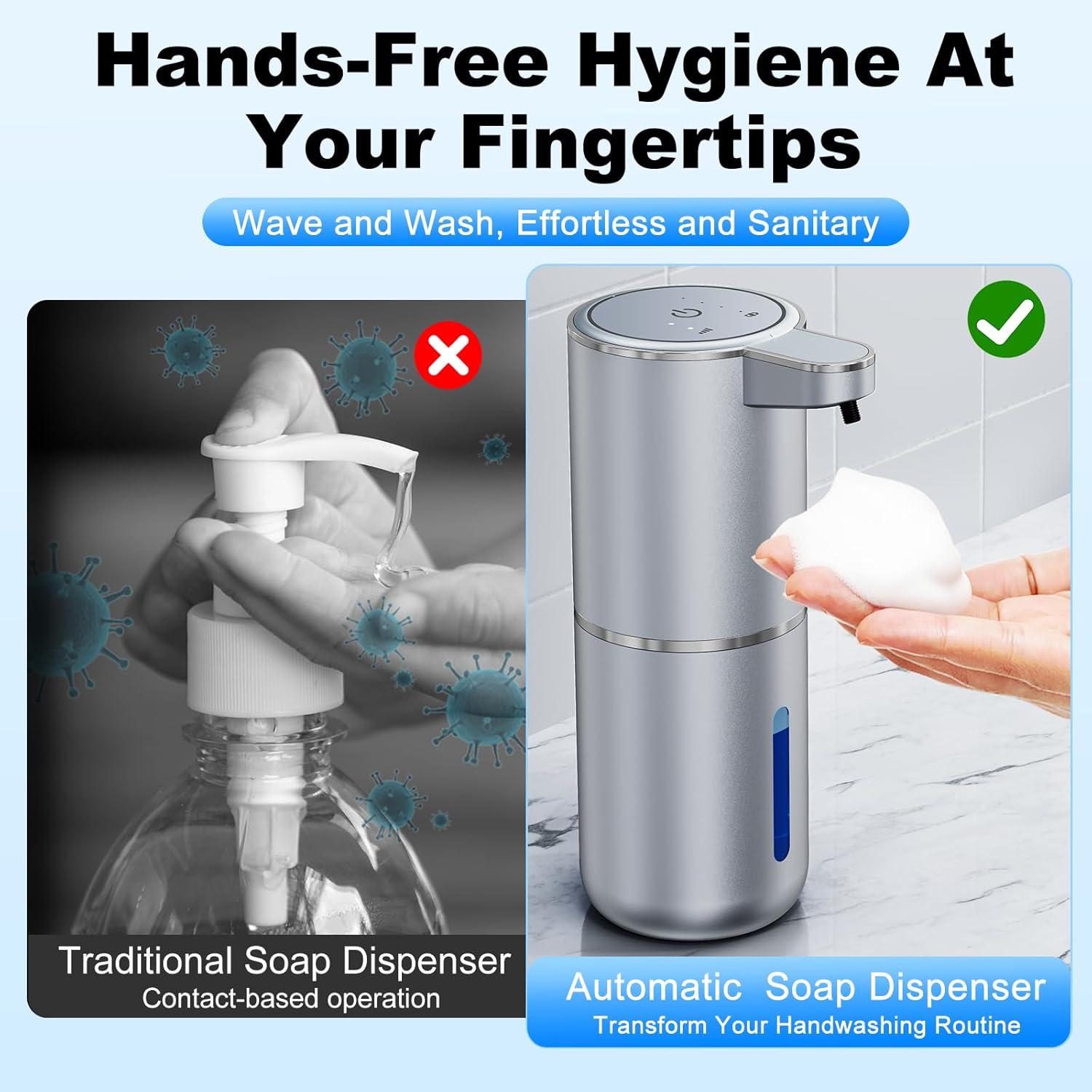 Automatic Foaming Touchless Soap Dispenser, Rechargeable 1500mAh with Sensor for Bathroom Kitchen 13.5oz/380ml Silver