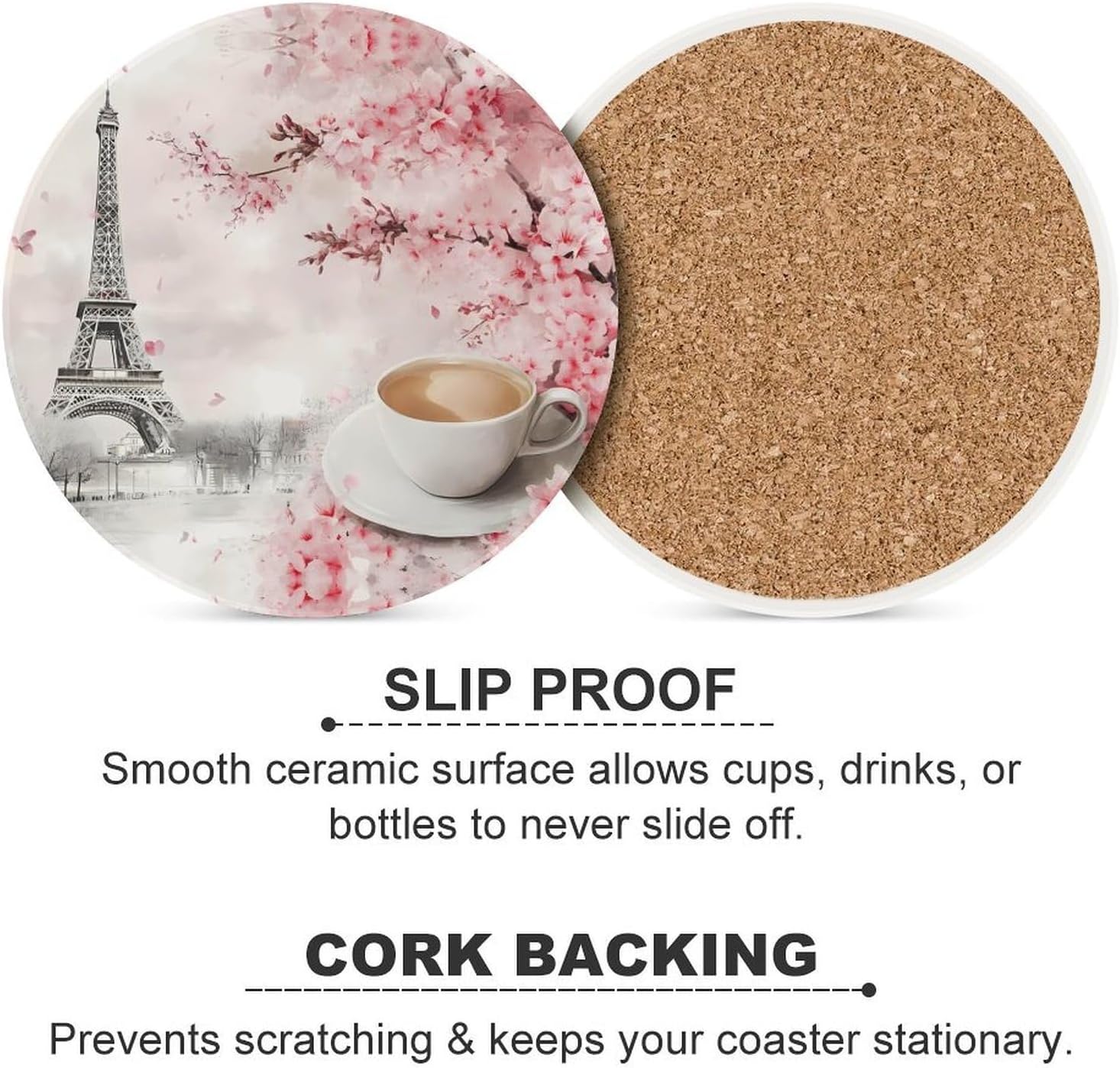 Eiffel Tower and Coffee Round Ceramic Coasters Print Drinks Absorbent with Cork Base for Home Decor Gifts 4 Inch