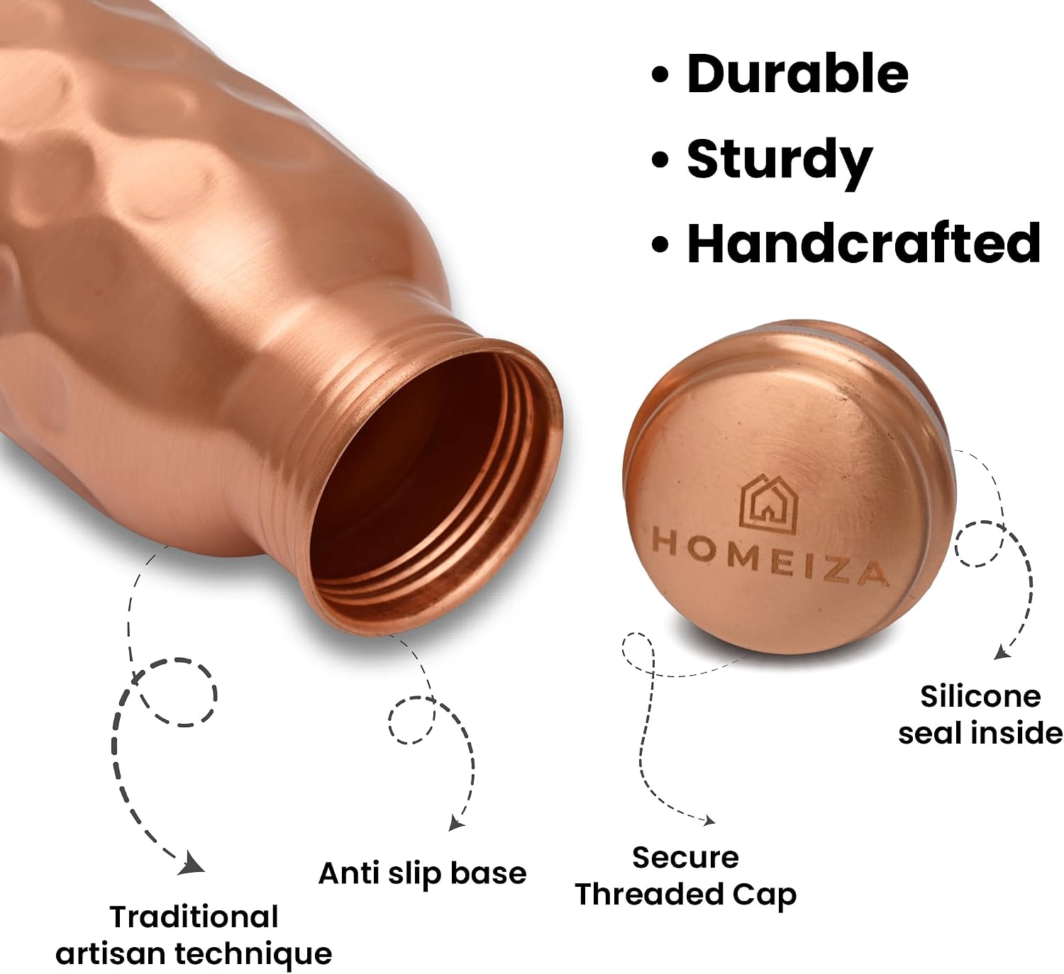 Diamond Hammered Pure Copper Water Bottle for Drinking - 34 Oz 100% Pure Copper Bottle with Diamond Texture Finish, Cleaning Brush & Carry Bag Included. Best for Daily Use in Home,Gym,Office