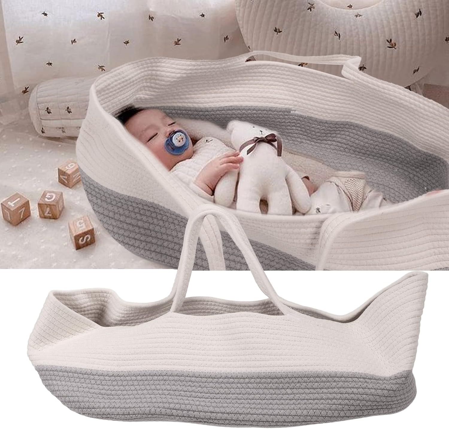 Atyhao Baby Carrying Basket, Cotton Rope Weaved Foldable Nursery Bins Boxes Portable Handheld Breathable Sleeping Basket