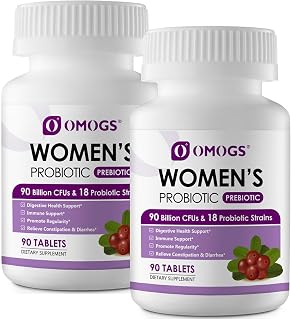 OMOGS 2PCS Women's Probiotic, with Cranberry Extract, Organic Prebiotics & Vitamin C, 90 Billion CFUs,18 Strains, Help for Boost Immune, Digestive, Gut Health & Women's Health,180 Tablets