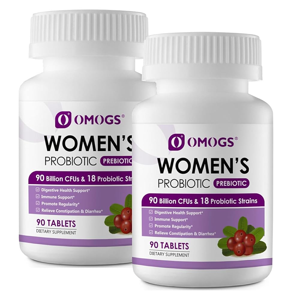 OMOGS 2PCS Women\'s Probiotic, with Cranberry Extract, Organic Prebiotics & Vitamin C, 90 Billion CFUs,18 Strains, Help for Boost Immune, Digestive, Gut Health & Women\'s Health,180 Tablets