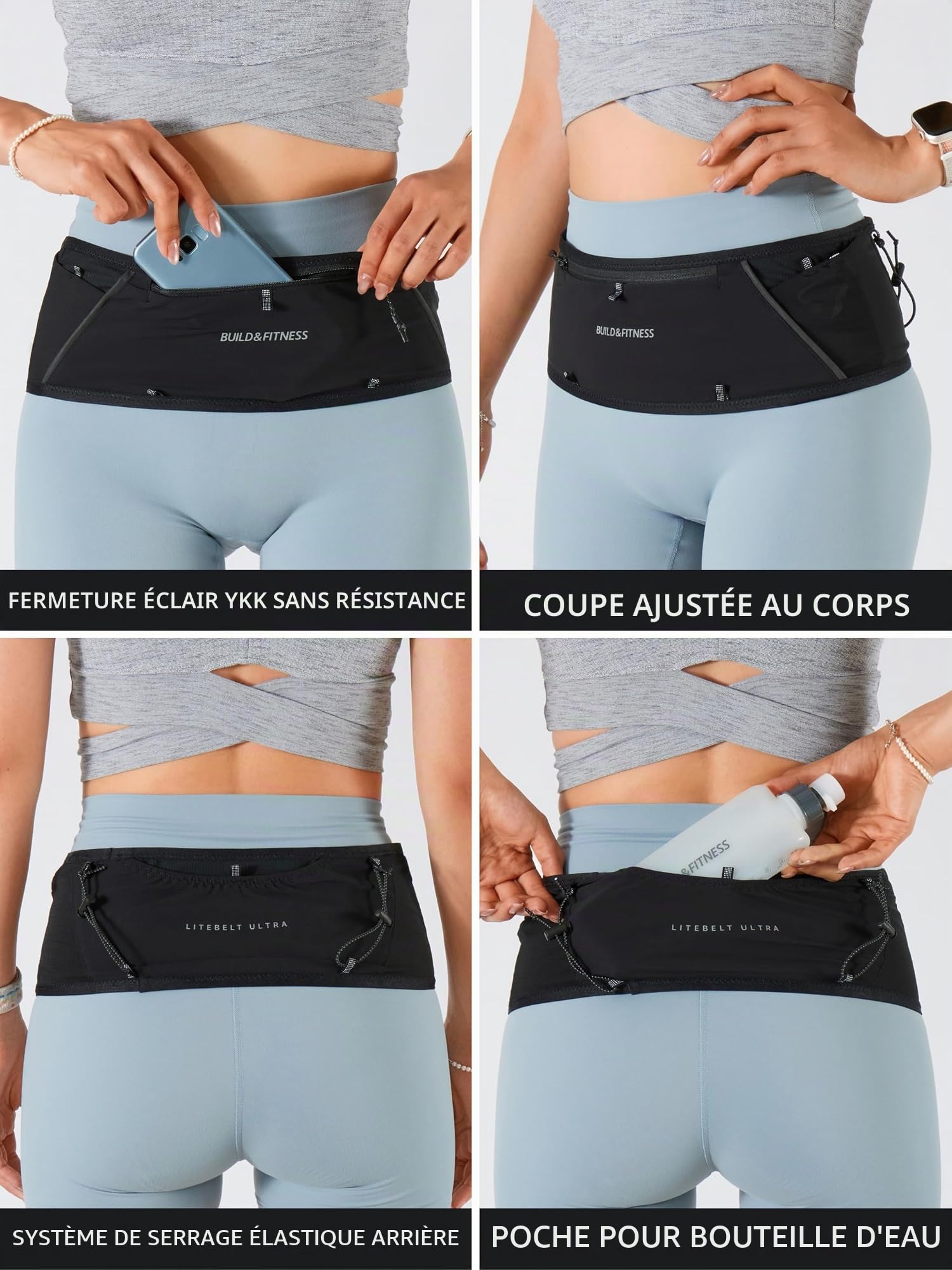 Ceinture de Running zippée Build & Fitness LITEBELT Ultra – Légère et réfléchissante. Porte-téléphone zippé YKK, 5 Poches à Chargement par Le Haut pour gels, Bouteille d'eau et Porte-clés