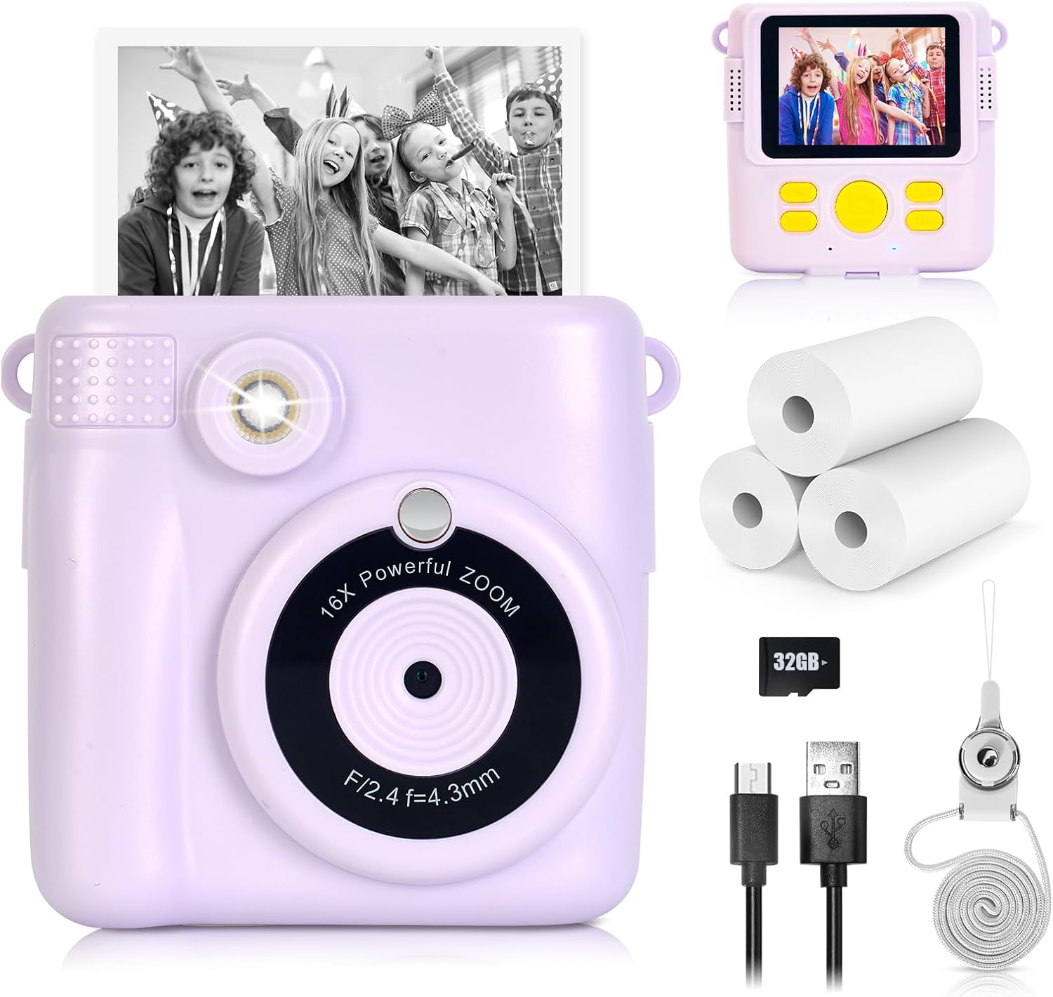 Phetium Kids Camera Instant Print Christmas Birthday Gifts Toys & Kids Camera Case Compatible with Most Kids Camera Instant Print (Purple) & 6 Rolls Kids Camera Instant Print Refill Paper Set
