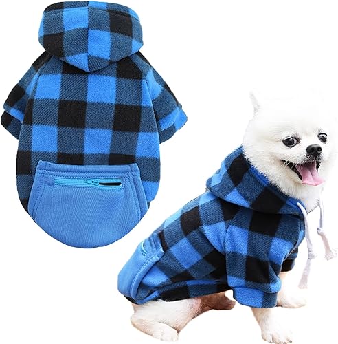 HRTTSY Sudadera con capucha para perro pequeño, forro polar suave y cálido, ropa de otoño e invierno, suéteres clásicos a cuadros para cachorros y