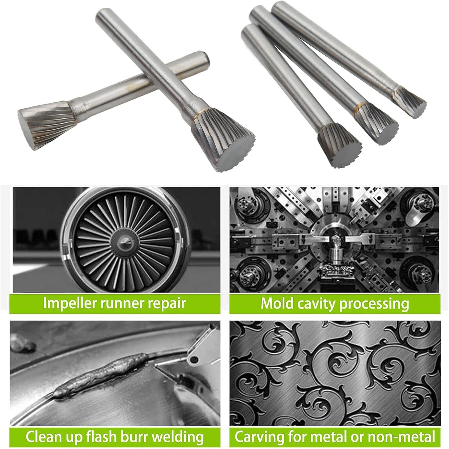N Burr Set, Carbide Burr File, Single Cut 6mm Shank Grinding Polishing Files for Aviation Vehicles Ship, iency Carbide Burr Bits with 5PCS Different Sizes