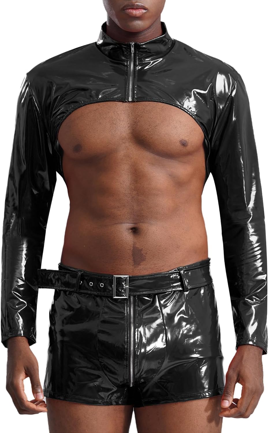 Hularka Men's Sexy Patent Leather Outfits Long Sleeve Slim Fit Crop Top with Booty Shorts Clubwear