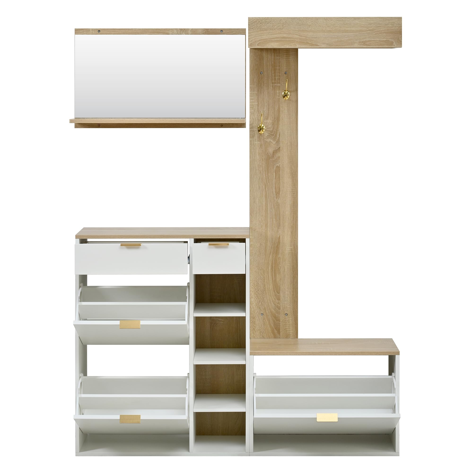 Conjunto de Recibidor de Entrada con Espejo y Ganchos, Perchero de Pared con Banco Zapatero, Juego de Mueble Recibidor con Cajones y Espacio de Almacenamiento, 174x130x30 cm, Natural + Blanco