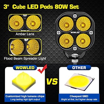 Amber 12V LED Cube Lights, 3Inch 80W Flood Yellow Fog Backup Lamp for Truck ATV UTV SUV Tractor ATV Exterior Driving Light