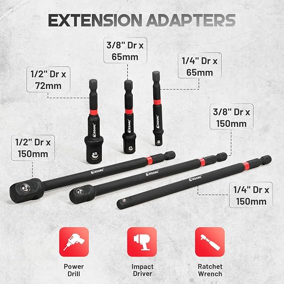 EZARC Impact Socket Adapter Set, 14PCS with Swivel and Angle Attachments