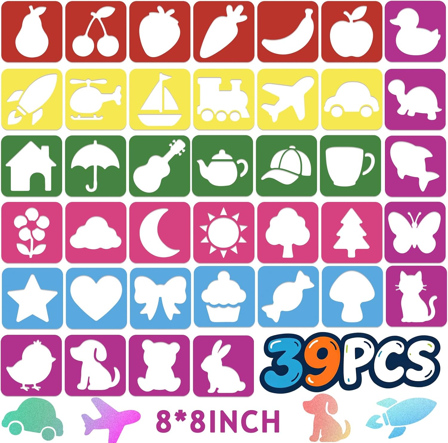 39 PCS Large Drawing Stencil for Kids, 8Inch Reusable Painting Template with Animal, Fruit, Plant, Vehicles, Shapes Patterns, Simple Art Craft Supplies for Classroom Projects, DIY Painting, Wall Decor