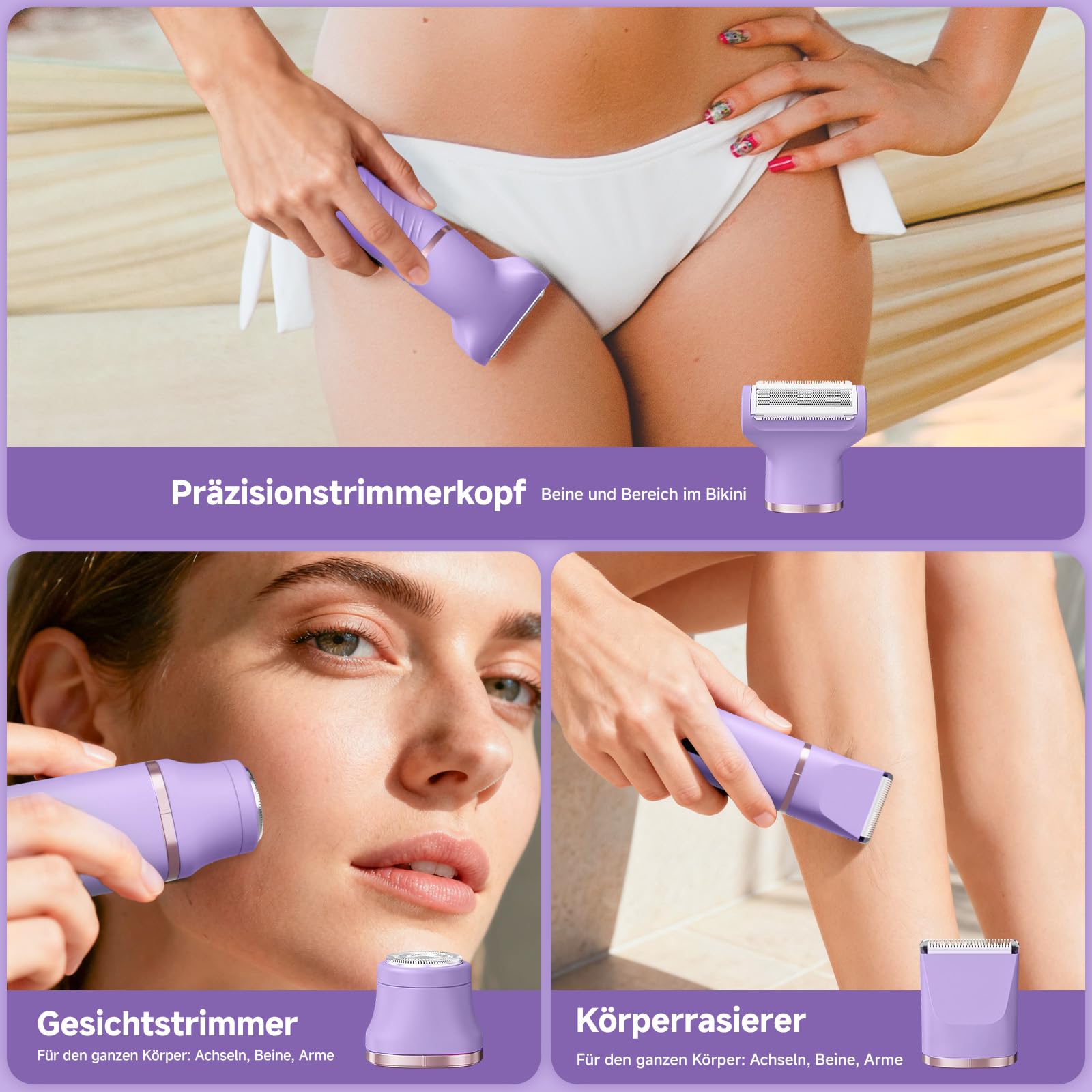 3 in 1 Intimrasierer für Frauen, Tiovara Elektrischer Rasierer Damen für Gesicht Bikinizone Beine, Wasserdicht & Sanft zu Empfindlicher Haut, Nass & Trocken Rasierer mit USB-Aufladung