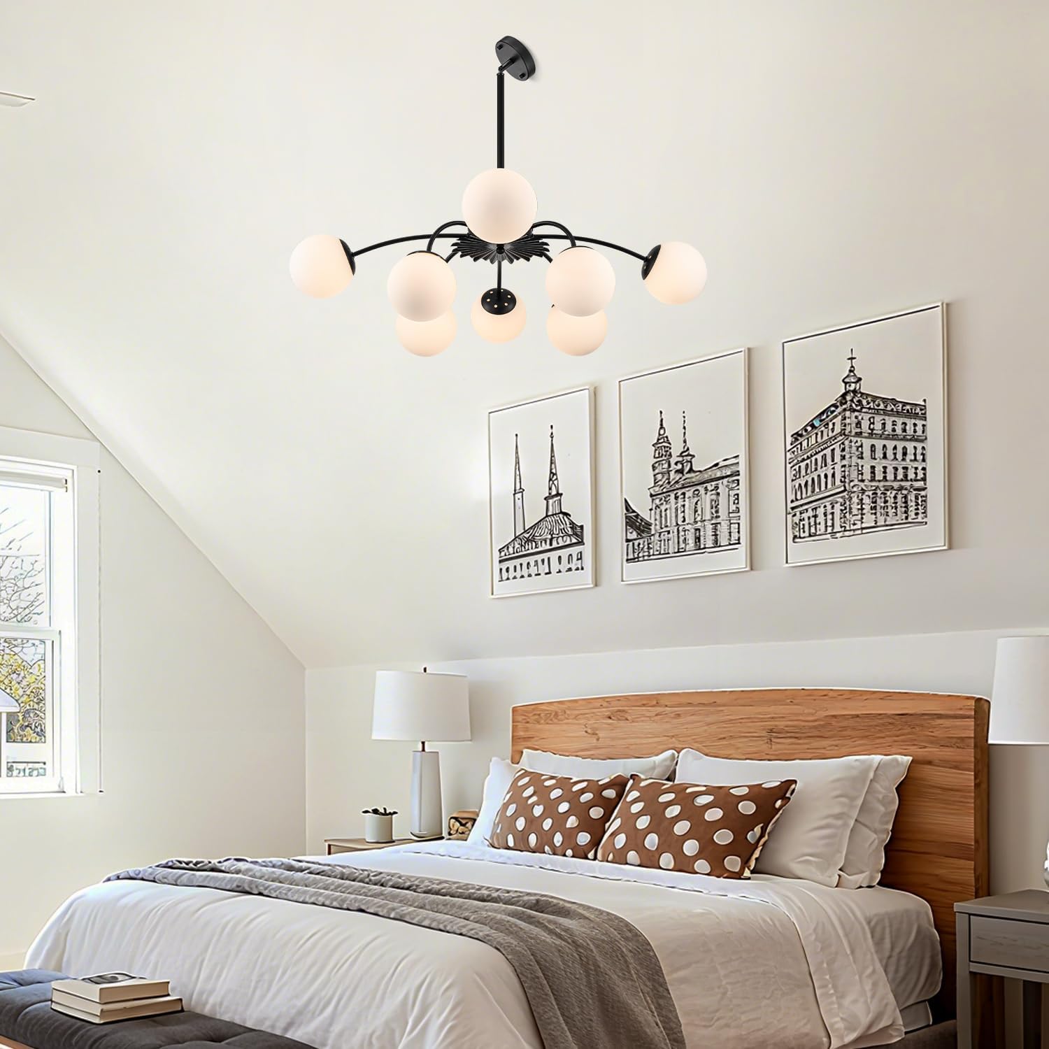 8-Light Sputnik Milk Glass Bubble Chandelier Black and White Glass Globe Starburst Lighting with Blossom Accent Opal Bubble Pendant Light Fixture for Dining Bedroom Entry