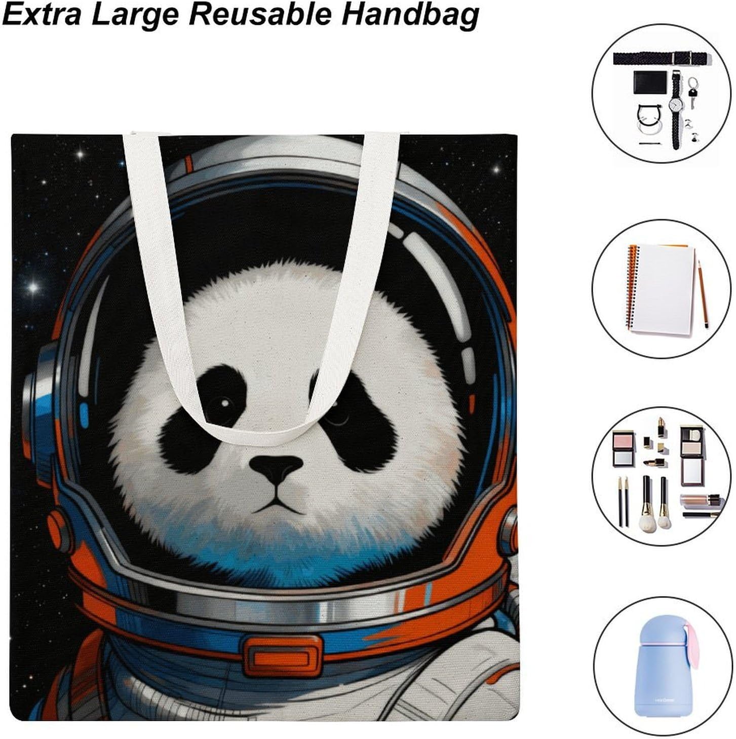 Canvas Tote Bag 16x15 In Lightweight Foldable Shoulder Hobo Purse | Space Astronaut Panda, Casual Tote with 10" Strap, Everyday Carryall, for Travel Work Grocery Shopping Beach Mark Gym Yoga