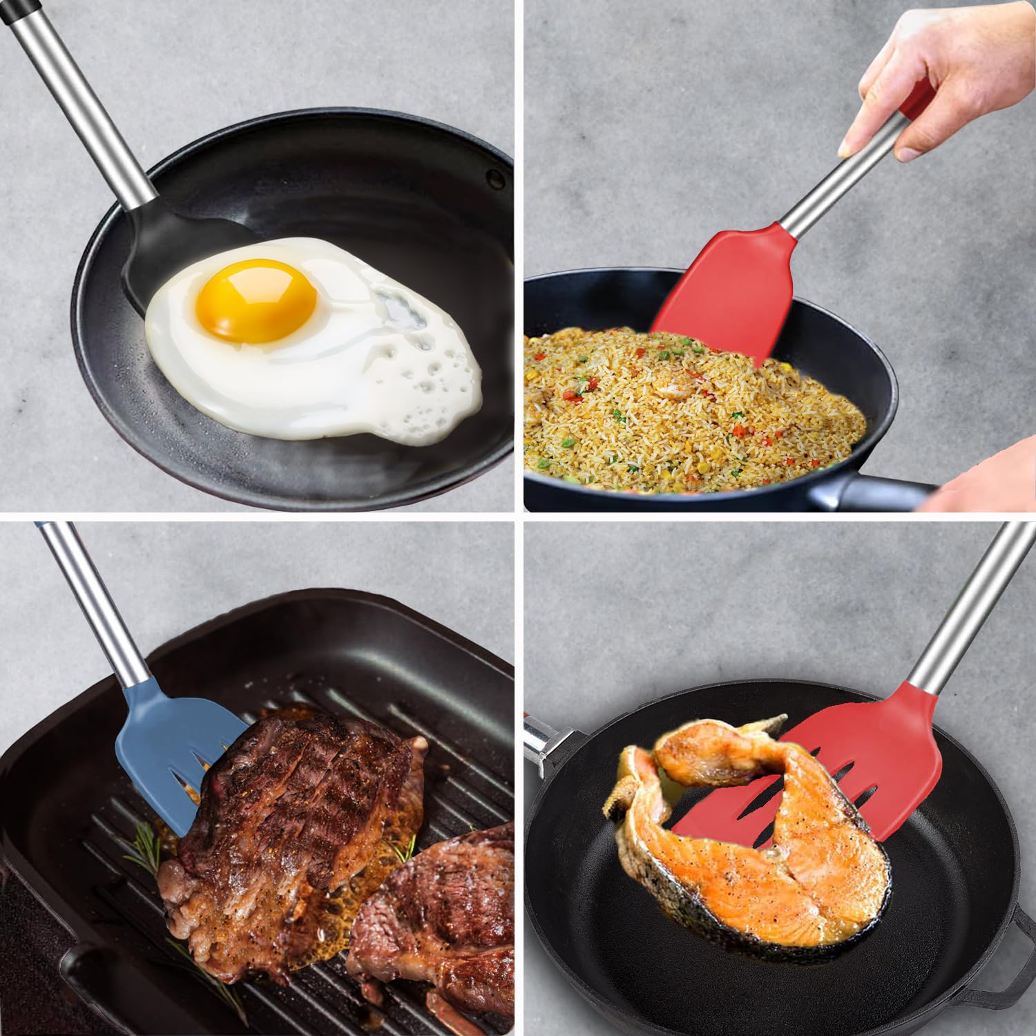 Espátula de silicona y cuchara de cocina, paquete de 5 cucharas y espátulas sólidas y ranuradas de silicona resistente al calor para cocina, mango de acero inoxidable recubierto con silicona,