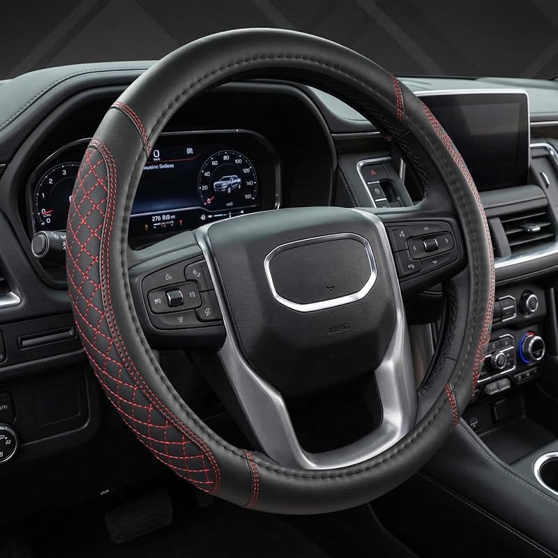 Capa para Volante GMC Sierra, Acadia, Canyon, Terrain, Yukon, Savana e Envoy West Llama em Couro Sintético Diamantado Preto e Vermelho para Volantes de 36,8 a 38,1 cm