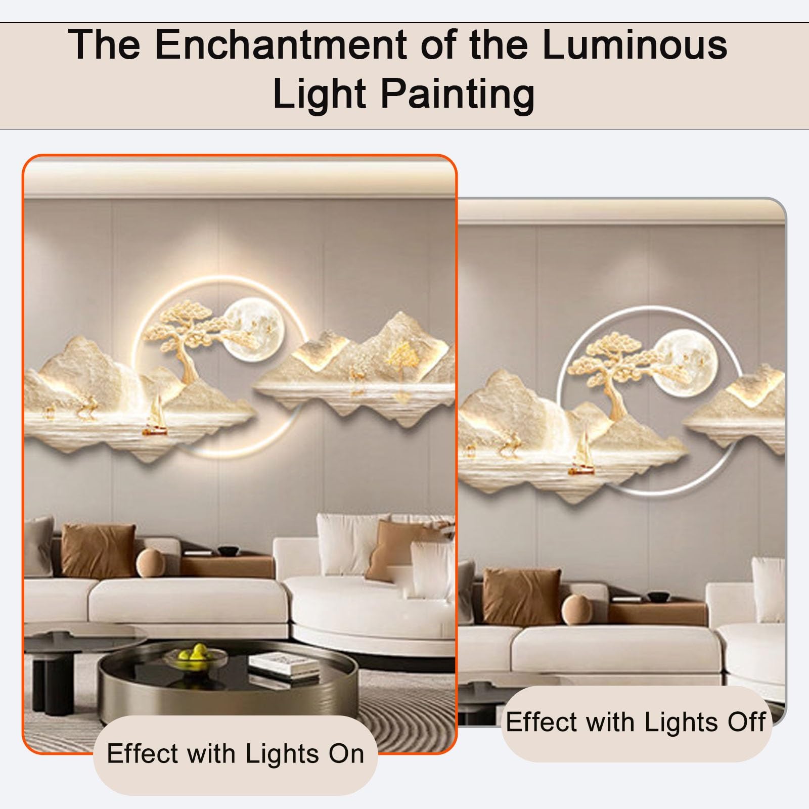 3D-LED-Wandkunst – Luxuriöse Kristallporzellan-Landschaftskunst – Elektrisch betriebene Skulptur – Moderne dekorative Kunst für Wohnzimmer und Hotels (B, 53 x 150 cm / 20,9 x 59,1 Zoll)