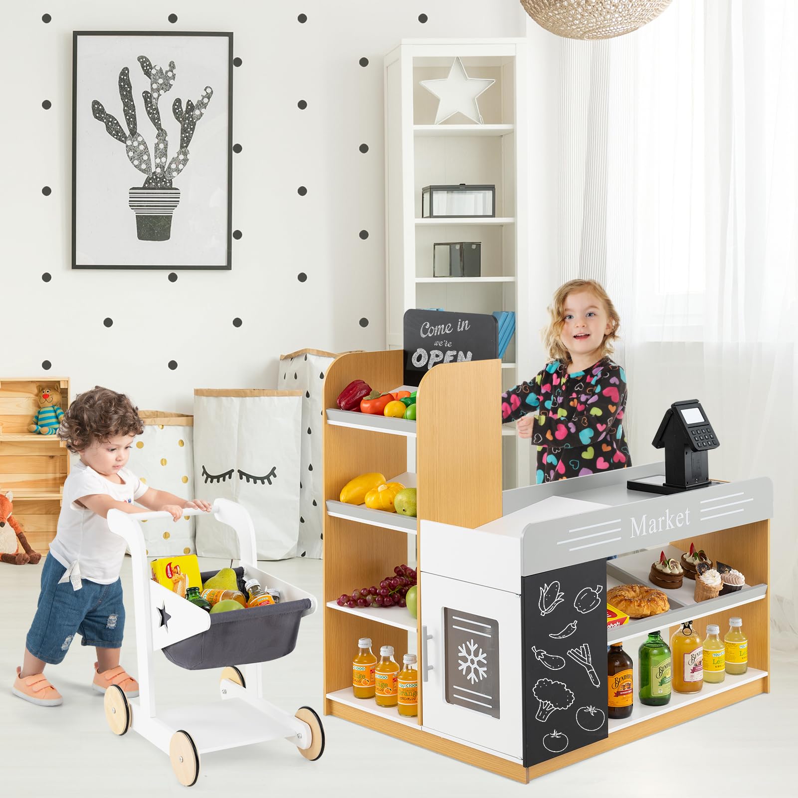 HOMASIS Set di Cassa Supermercato Giocattolo in Legno, Supermercato Giocattolo per Bambini con Carrello Spesa Bambini, Lavagnette, Negozio Giocattolo Educativo Montessori per Bambini da 3+ Anni